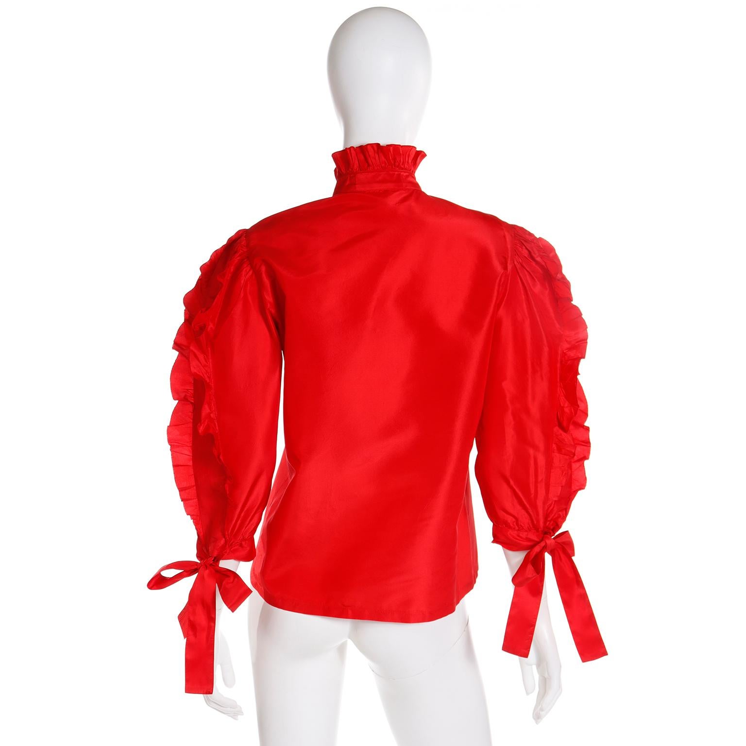 Women's Louis Feraud Vintage Red Silk Satin Ruffled Blouse For Sale