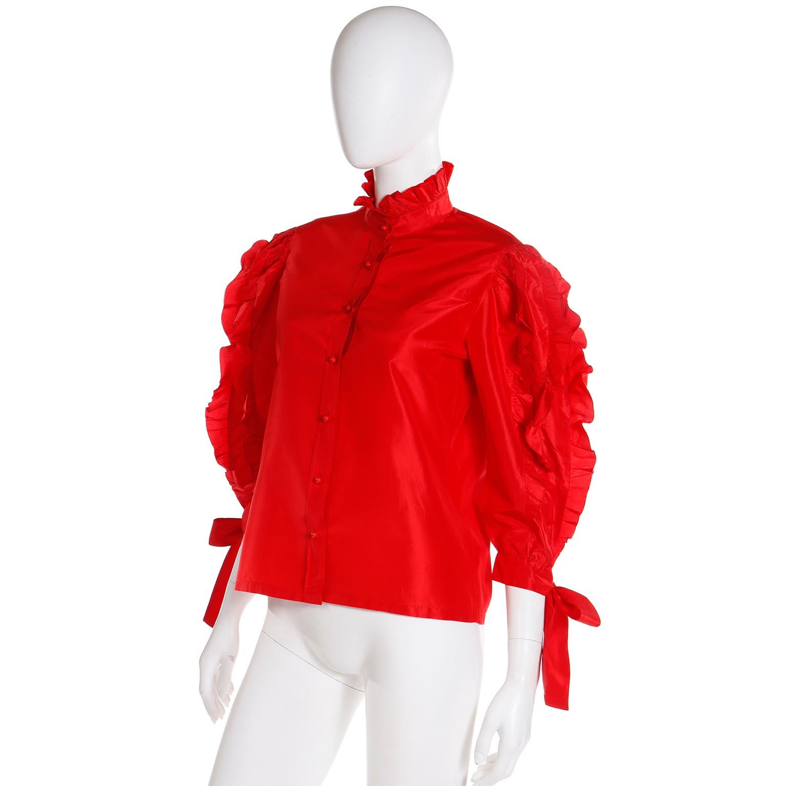 Louis Feraud Vintage Red Silk Satin Ruffled Blouse For Sale 2