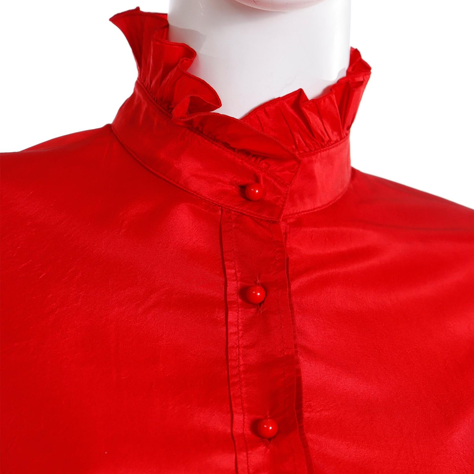 Louis Feraud Vintage Red Silk Satin Ruffled Blouse For Sale 3