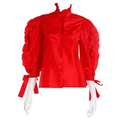 Louis Feraud Retro Red Silk Satin Ruffled Blouse