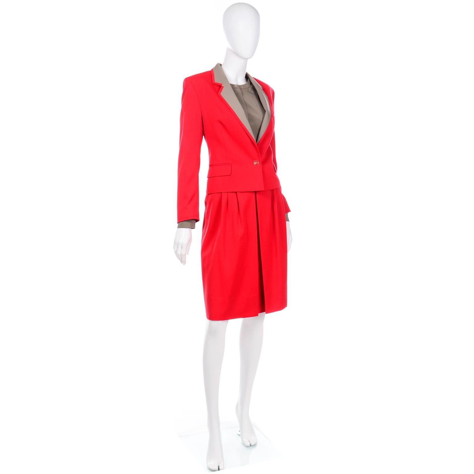 Louis Feraud Vintage Red & Taupe Skirt and Jacket Suit W Matching Silk Blouse In Excellent Condition In Portland, OR