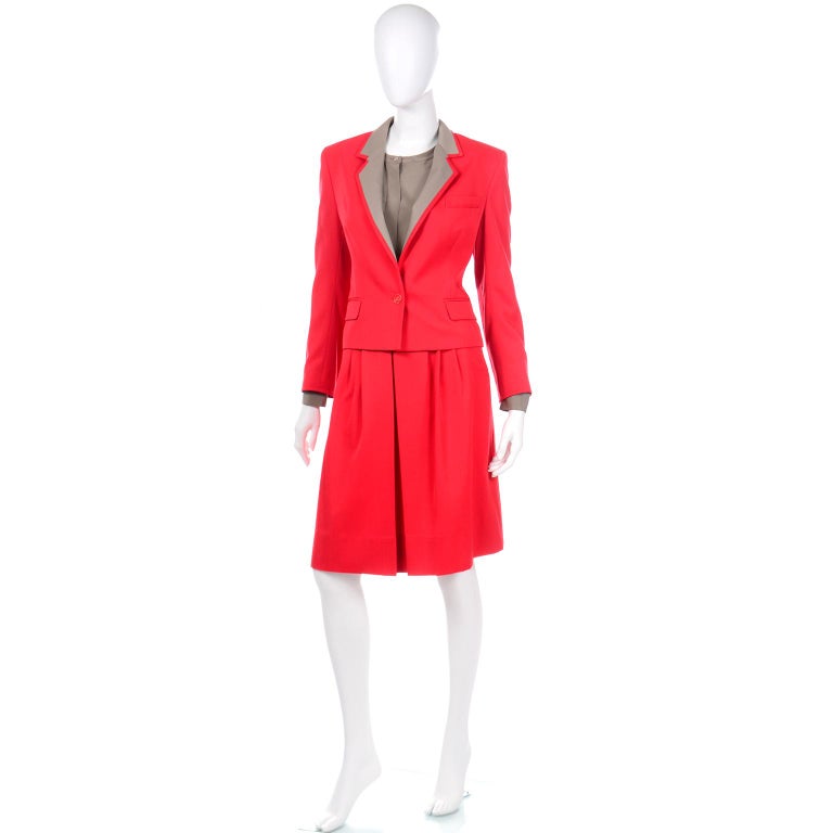 Louis Feraud Vintage Red and Taupe Skirt and Jacket Suit W Matching Silk  Blouse at 1stDibs