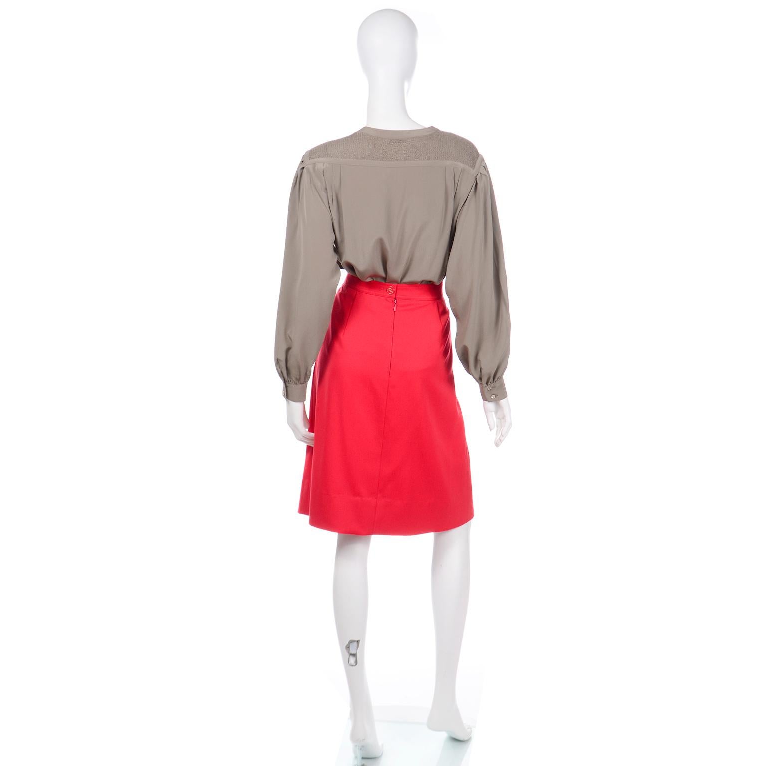 Louis Feraud Vintage Red & Taupe Skirt and Jacket Suit W Matching Silk Blouse 4