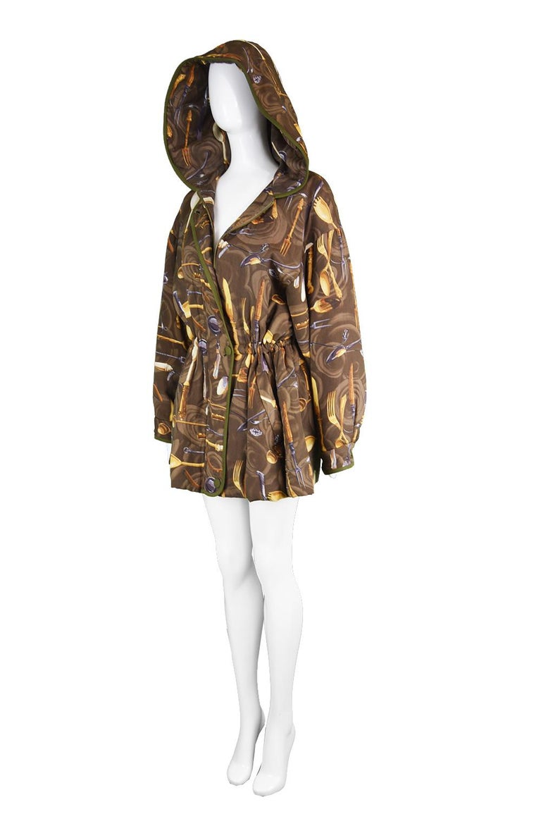 Louis Feraud Vintage Silk Blend Women's Novelty Cutlery Print Parka Coat, 1980s For Sale at 1stdibs