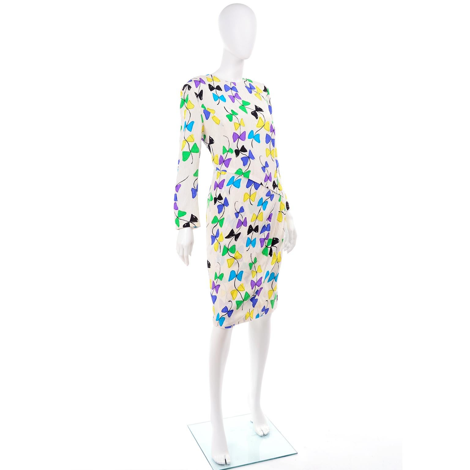 Louis Feraud Vintage Silk Dress in Colorful Kite String Bow Print In Excellent Condition In Portland, OR