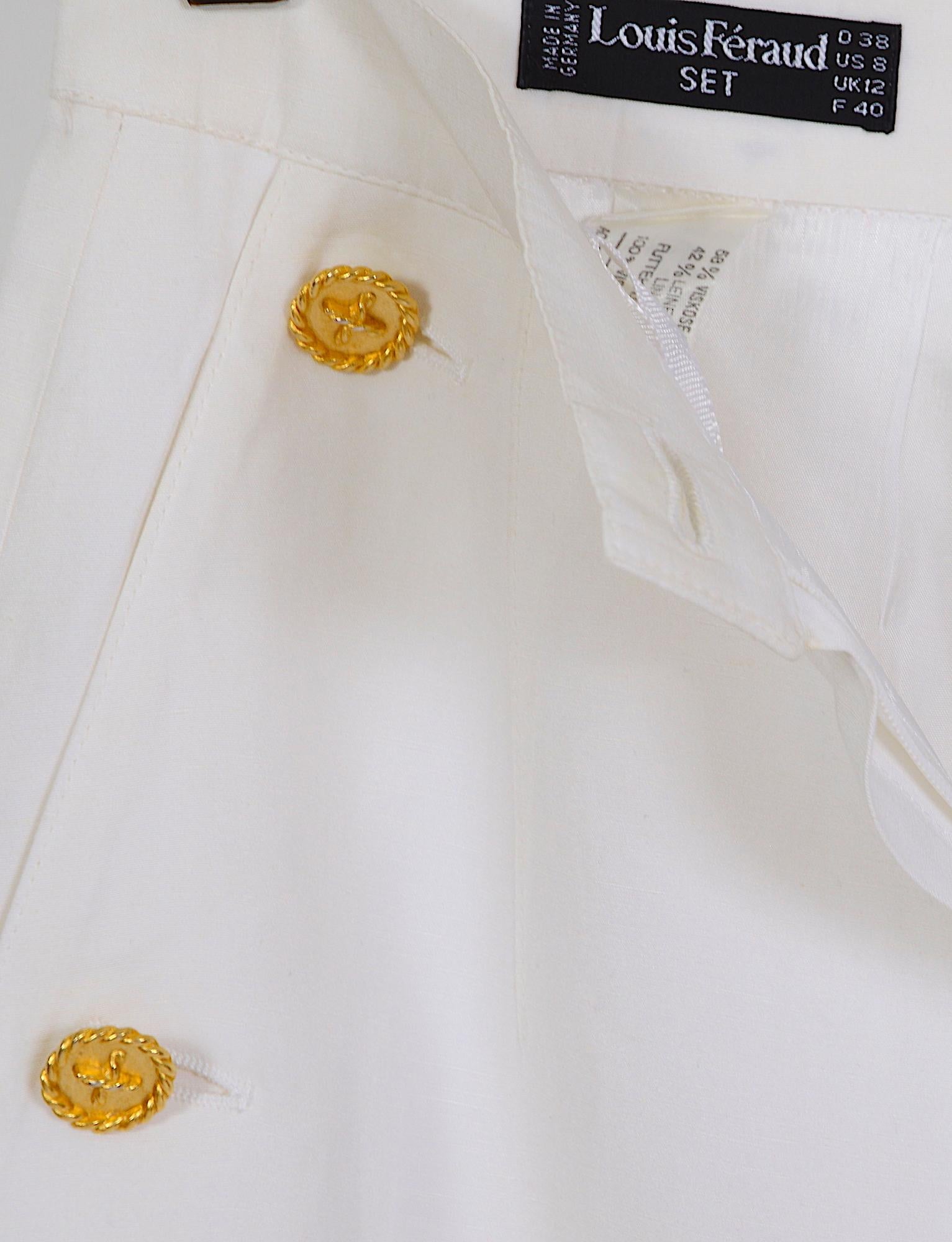 Louis Feraud vintage white linen and gold buttons trousers For Sale 2