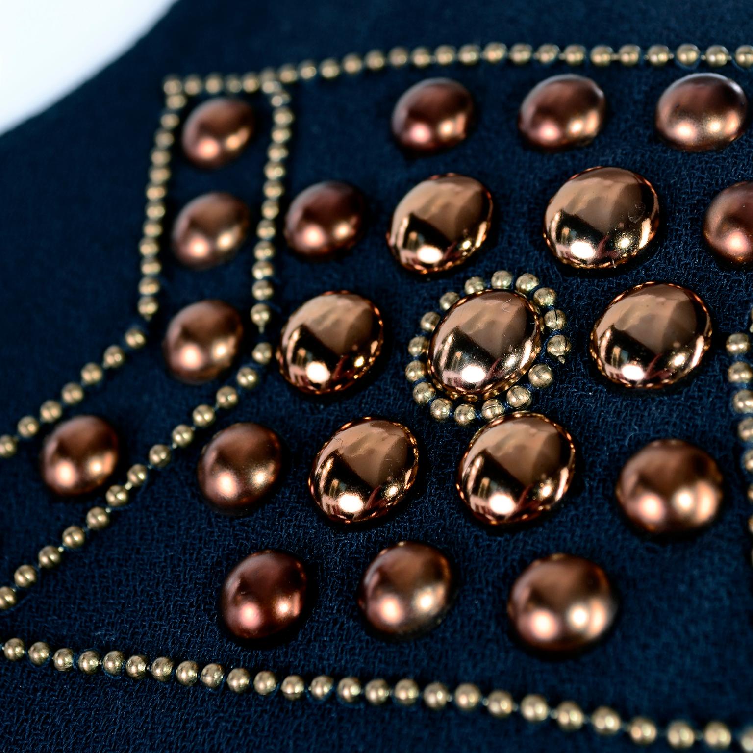 Black Louis Feraud Vintage Wool Knit Dress With Copper Bead Details