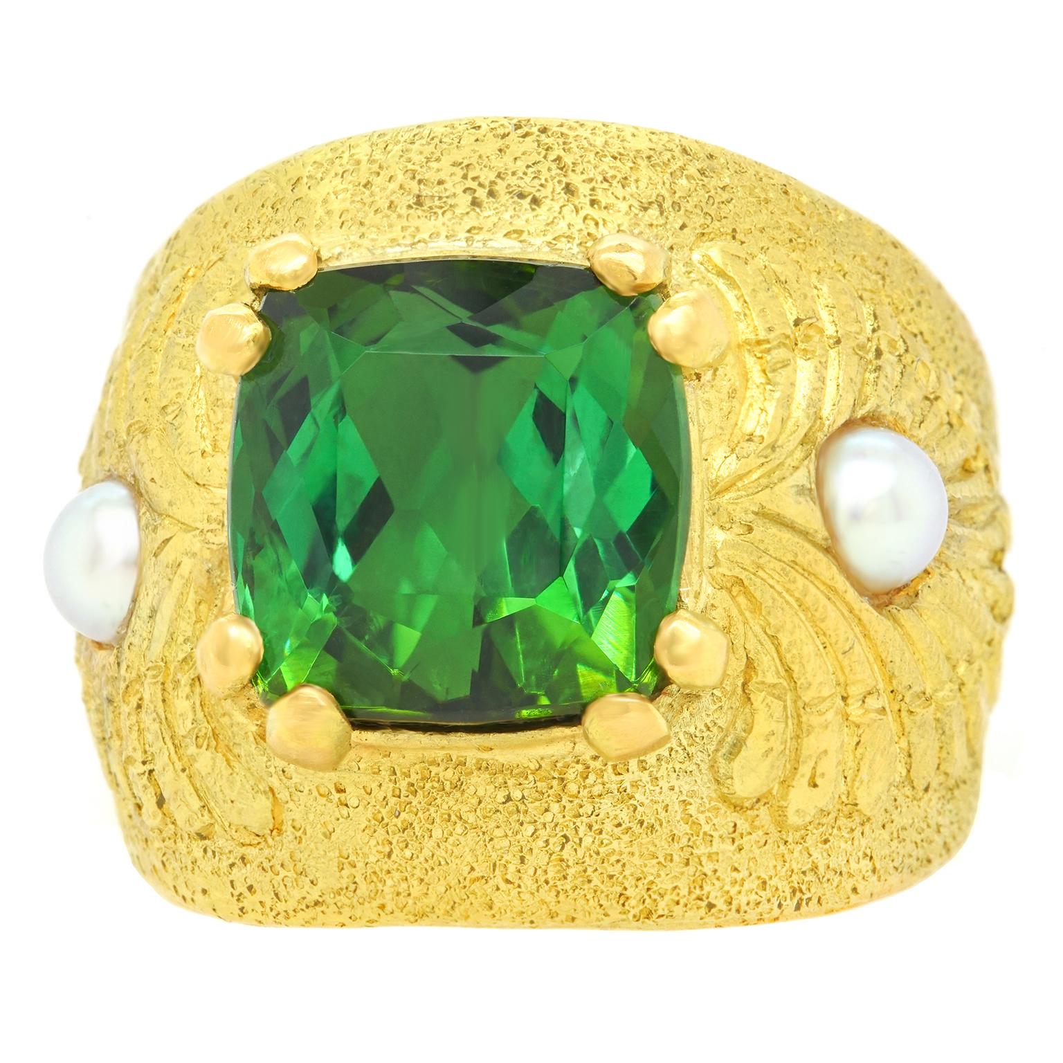 Louis Feron Fabulous Sixties Turmalin und Goldring mit Perlen (Kissenschliff)