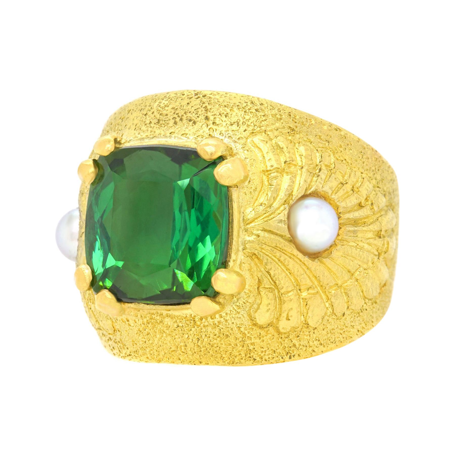 Louis Feron Fabulous Sixties Tourmaline and Pearl-Set Gold Ring For Sale