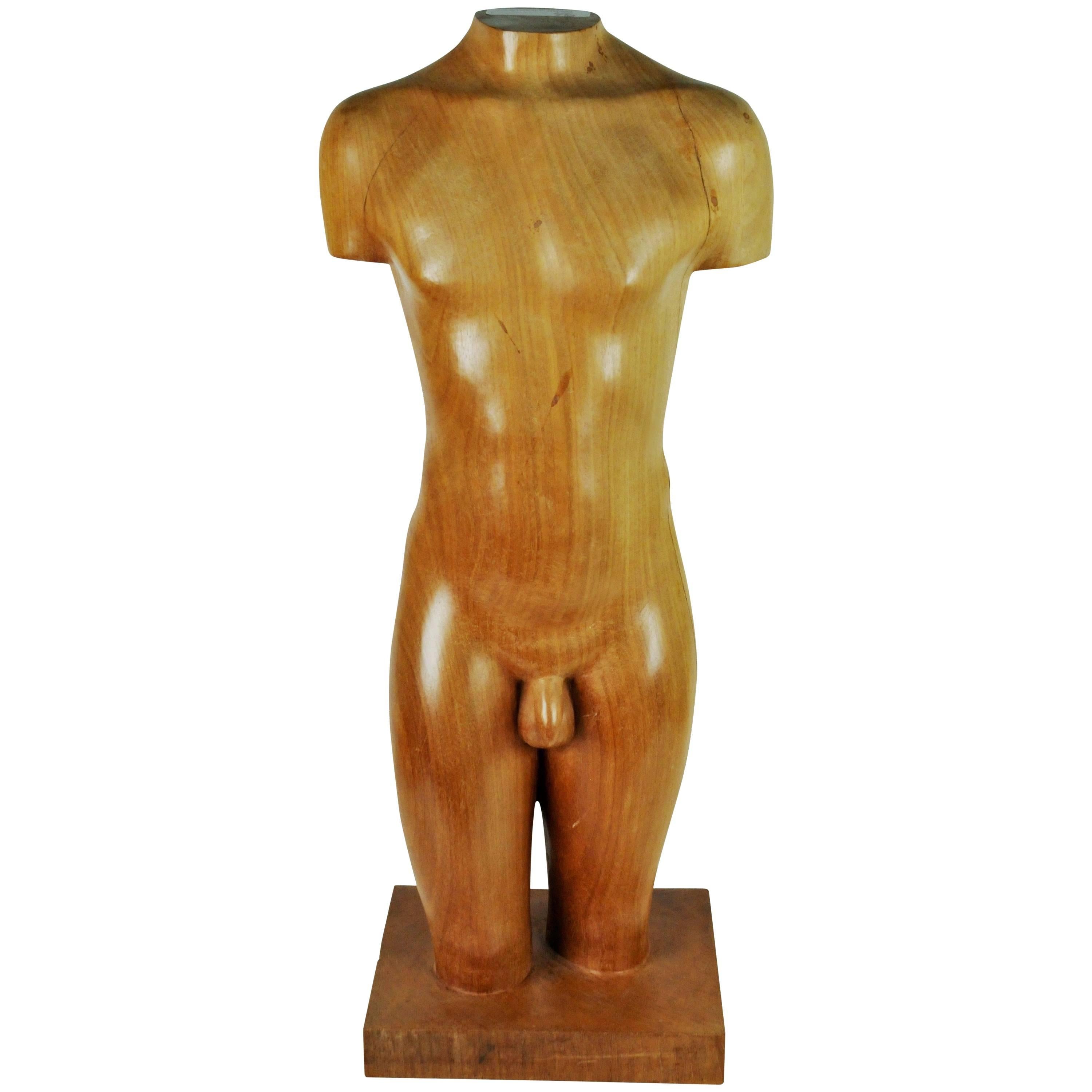 Louis Féron, Male Torso, Carved Wood Sculpture, 1990 For Sale