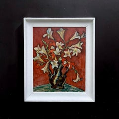 Escuela francesa. Naturaleza muerta. Jarrón con flores rojas. Escuela moderna. Firmado
