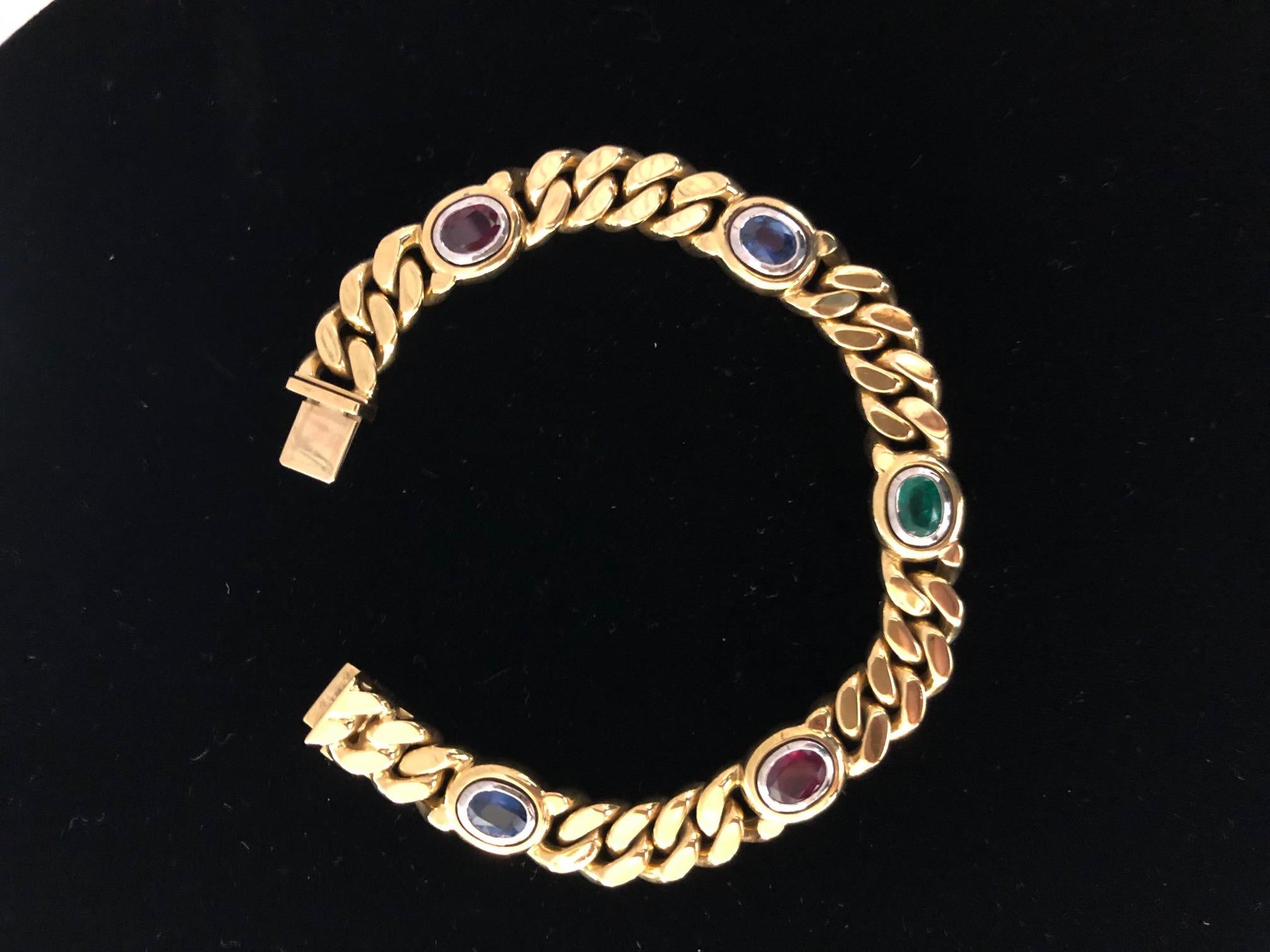 Oval Cut Louis Fiessler 18KY Sapphire, Emerald, Ruby Bracelet For Sale