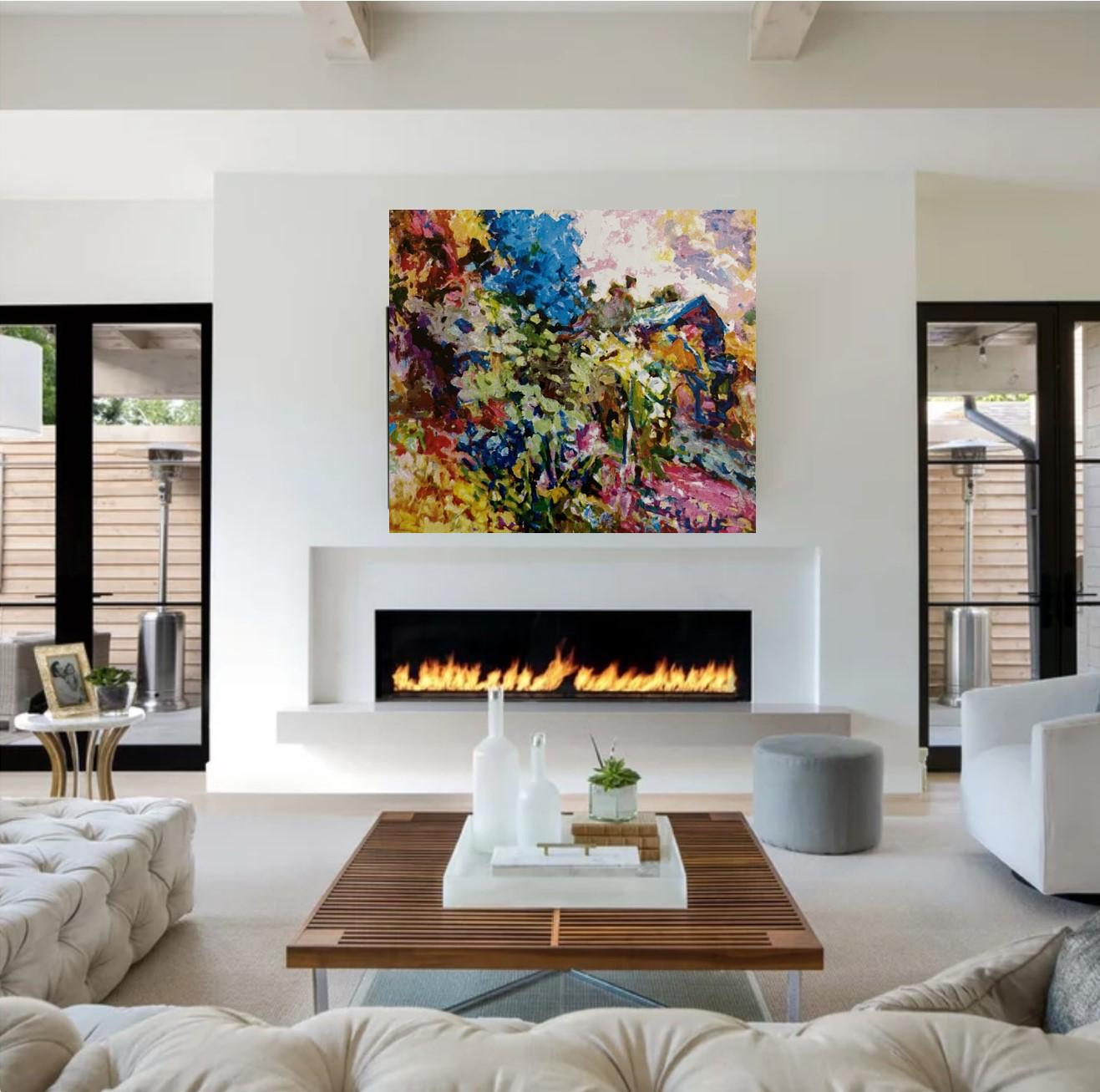 Summer, 40 x 45, oil on canvas, impressionist landscape, bright vivid colors - Painting by Louis Finkelstein