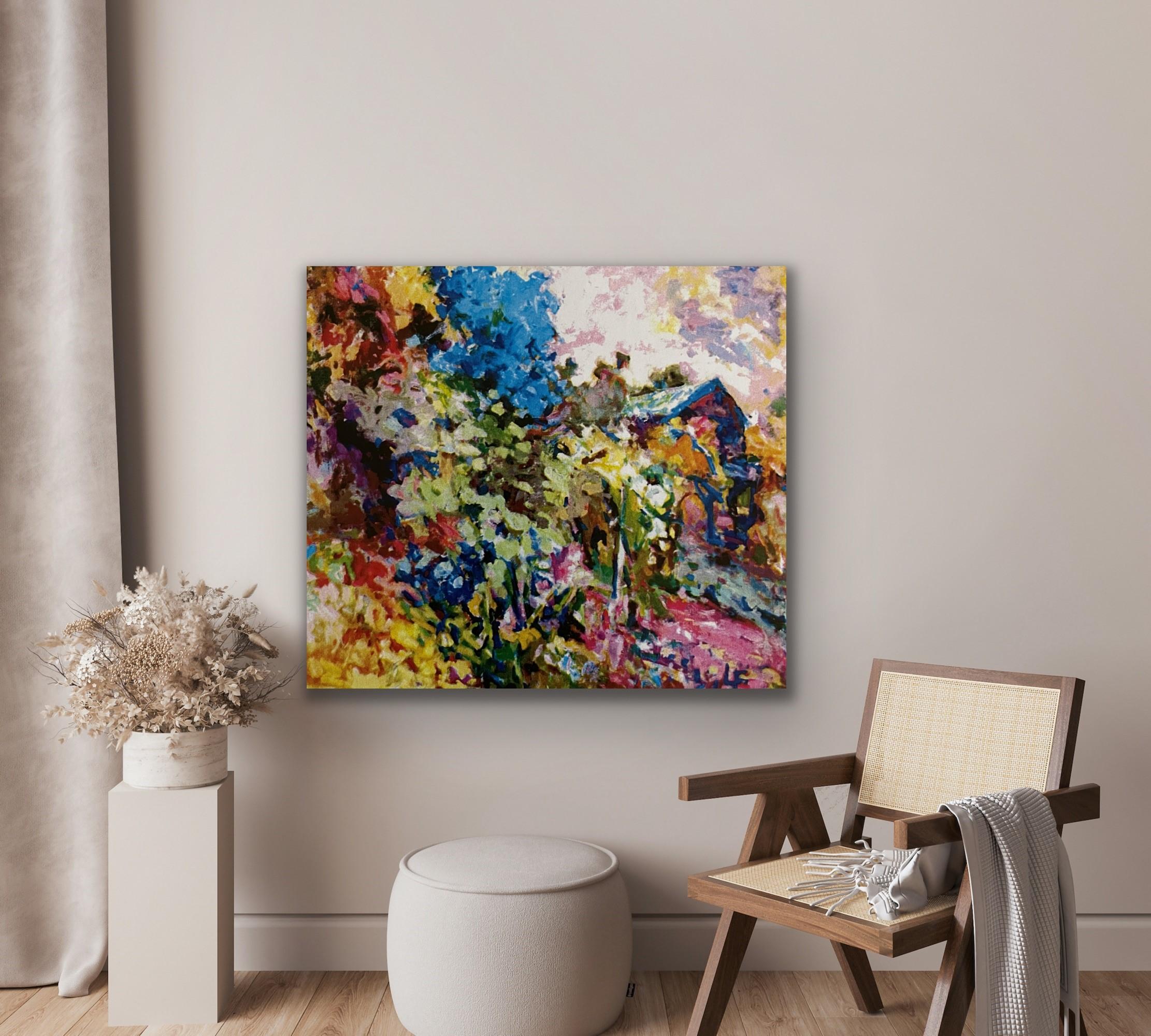 Estate, 40 x 45, olio su tela, paesaggio impressionista, colori vivaci e brillanti - Abstract Painting Nero di Louis Finkelstein
