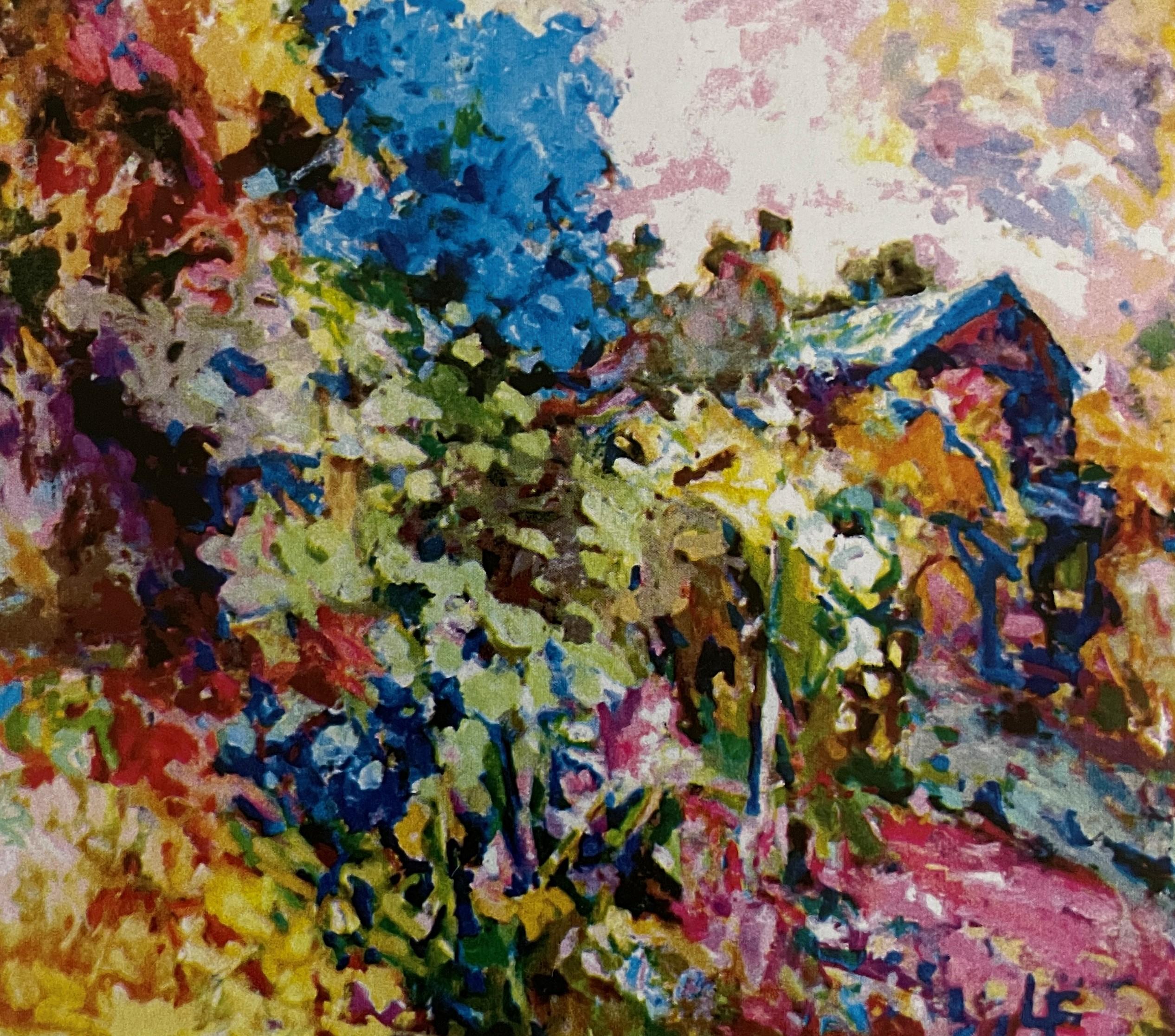 Estate, 40 x 45, olio su tela, paesaggio impressionista, colori vivaci e brillanti - Painting di Louis Finkelstein