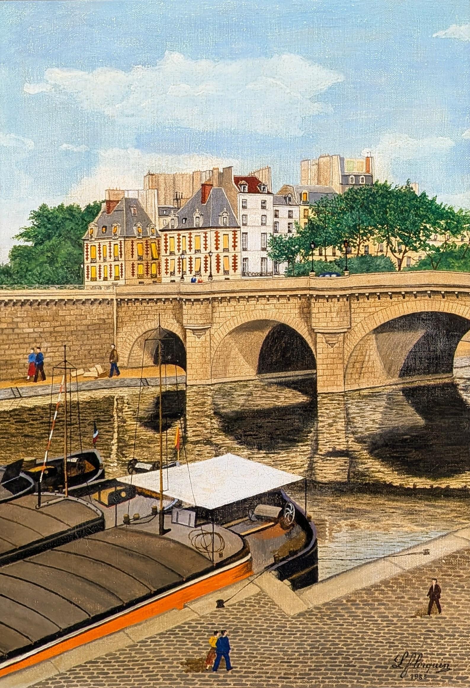 Pont Neuf - Mid 20th Century French Naïf Paris Seine River Landscape Painting For Sale 1