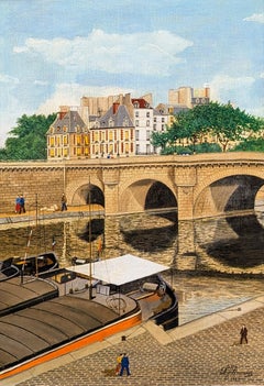Pont Neuf - Pintura paisajista francesa de mediados del siglo XX Naïf París Río Sena