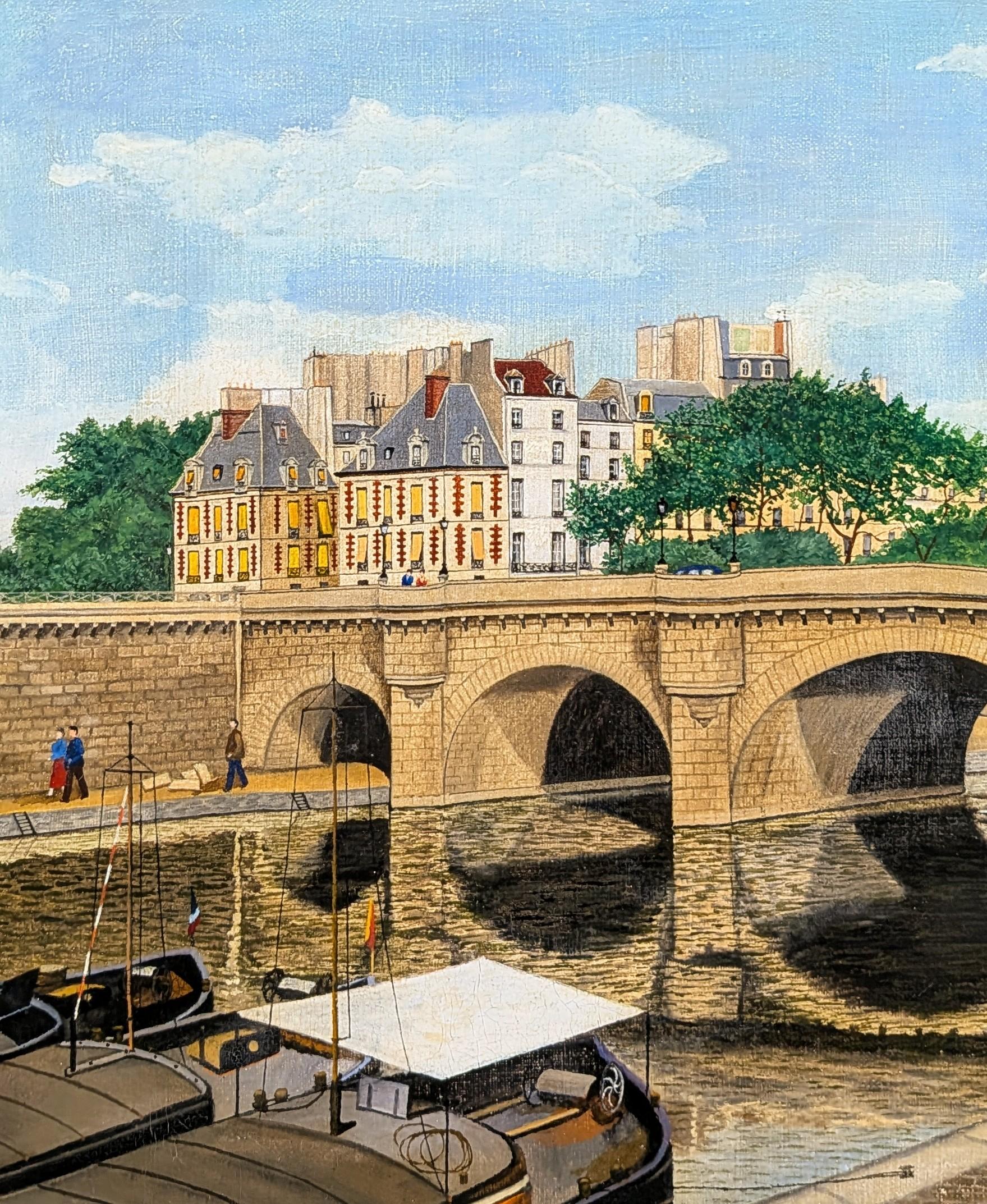 Pont Neuf - Mid 20th Century French Naïf Paris Seine River Landscape Painting For Sale 2