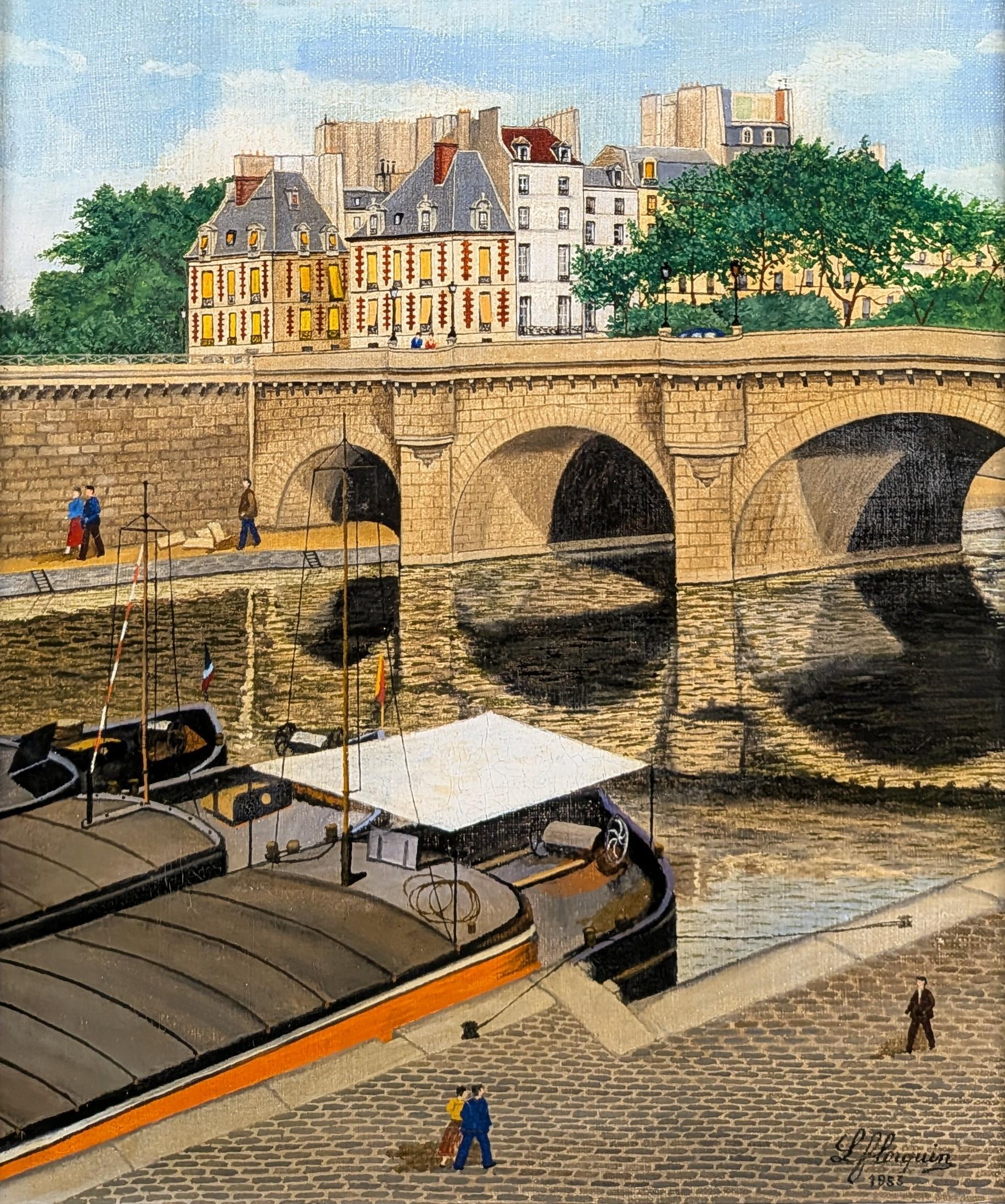 Pont Neuf - Mid 20th Century French Naïf Paris Seine River Landscape Painting For Sale 3