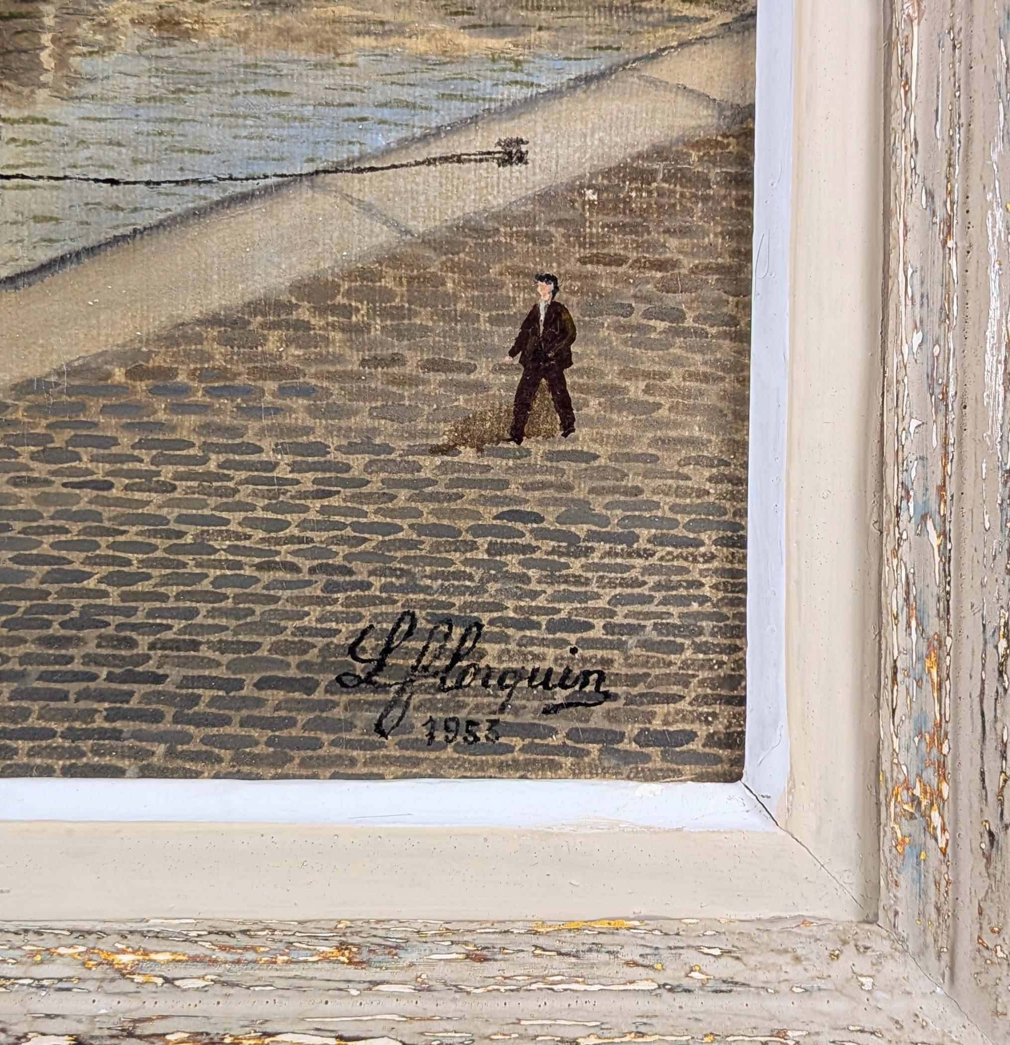 Pont Neuf - Mid 20th Century French Naïf Paris Seine River Landscape Painting For Sale 4