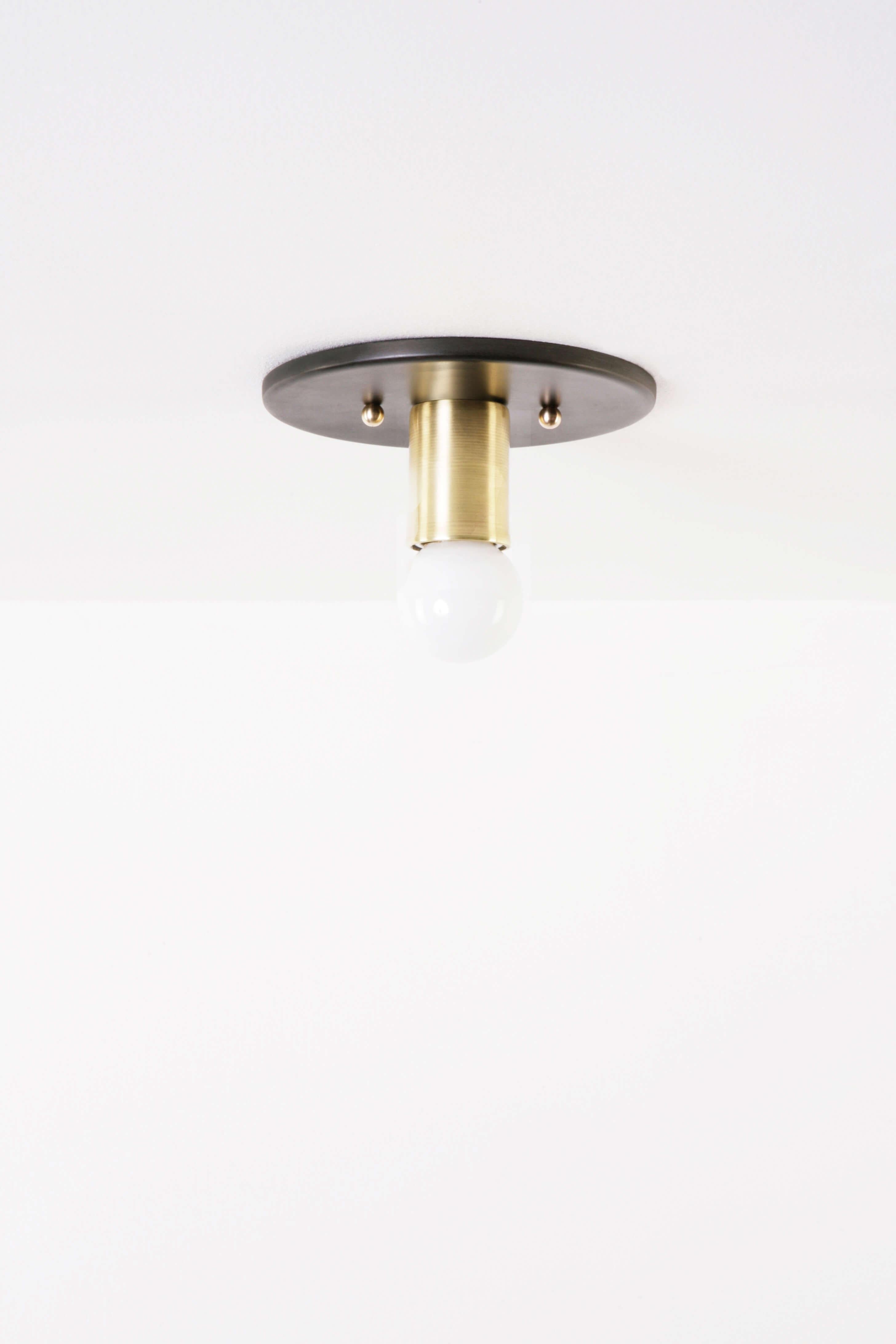 Small: W 6in (15cm) x D 2.25in (6cm) x H 6in (15cm)

The Louis flush mount is fabricated with a darkened steel flat canopy and a solid brass or darkened steel extension. This flush mount comes with brass ball screws.

(1) 60W Medium Base