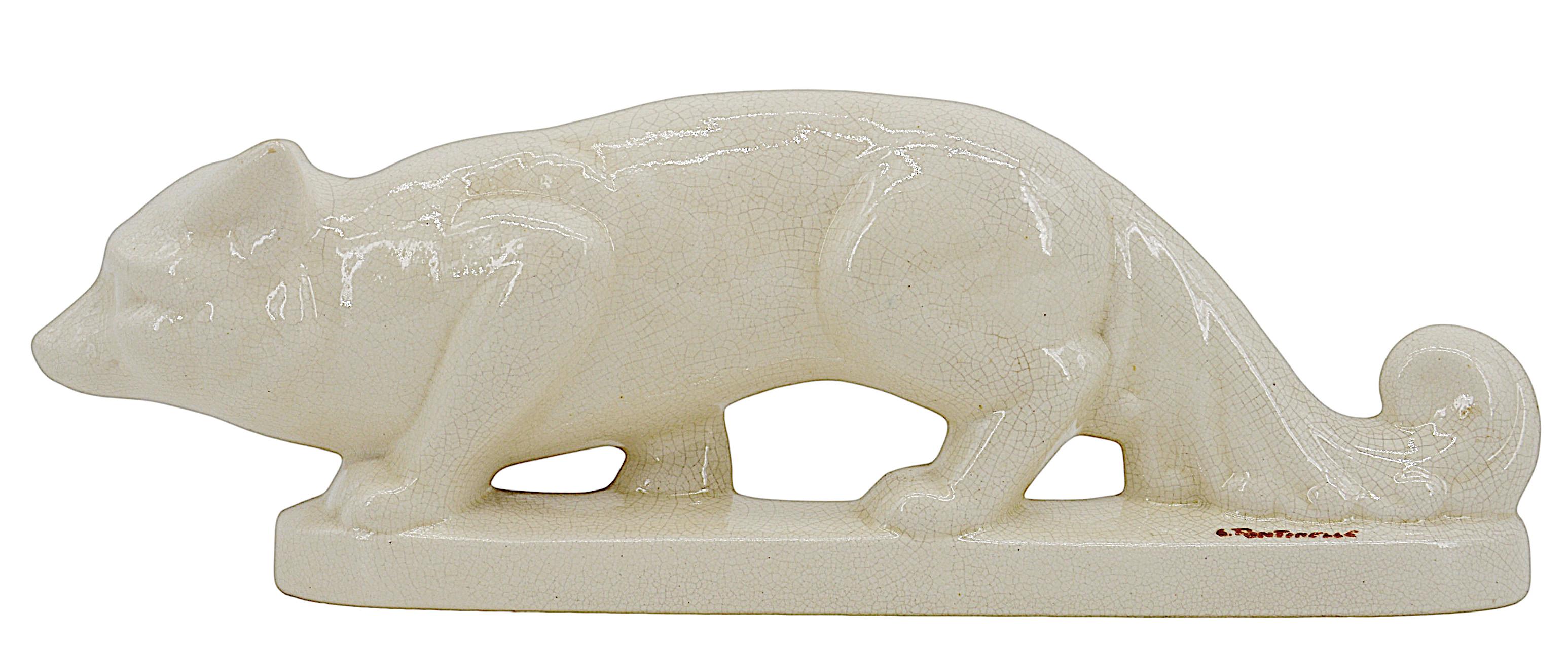 French Art Deco crackle glaze ceramic fox by Louis Fontinelle, France, 1920s. Rare piece by Louis Fontinelle. Was sold in Les Magasins du Louvre in Paris. Measures: Width: 15