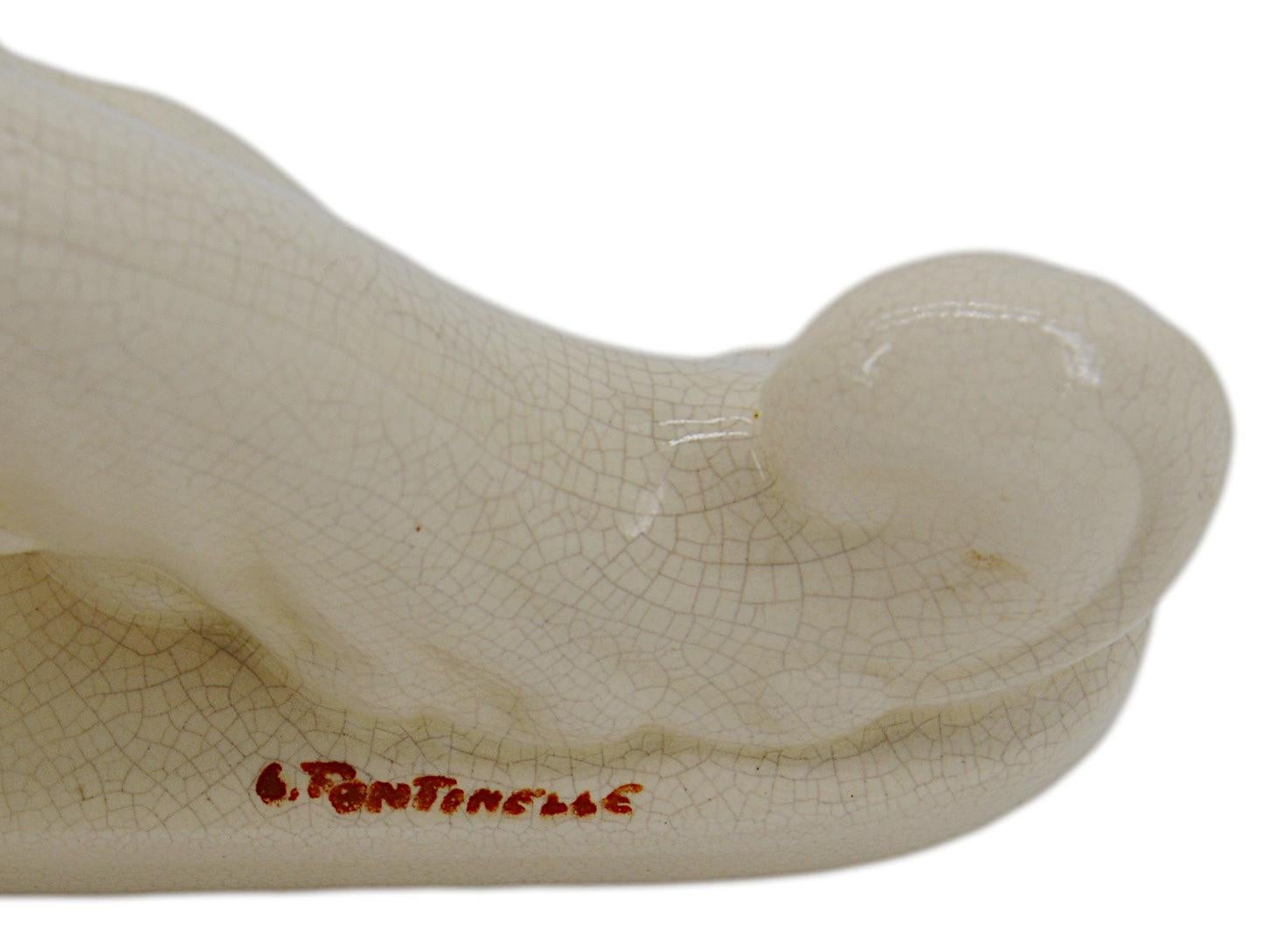 Early 20th Century Louis Fontinelle French Art Deco Crackle Glaze Ceramic Fox, 1920 For Sale