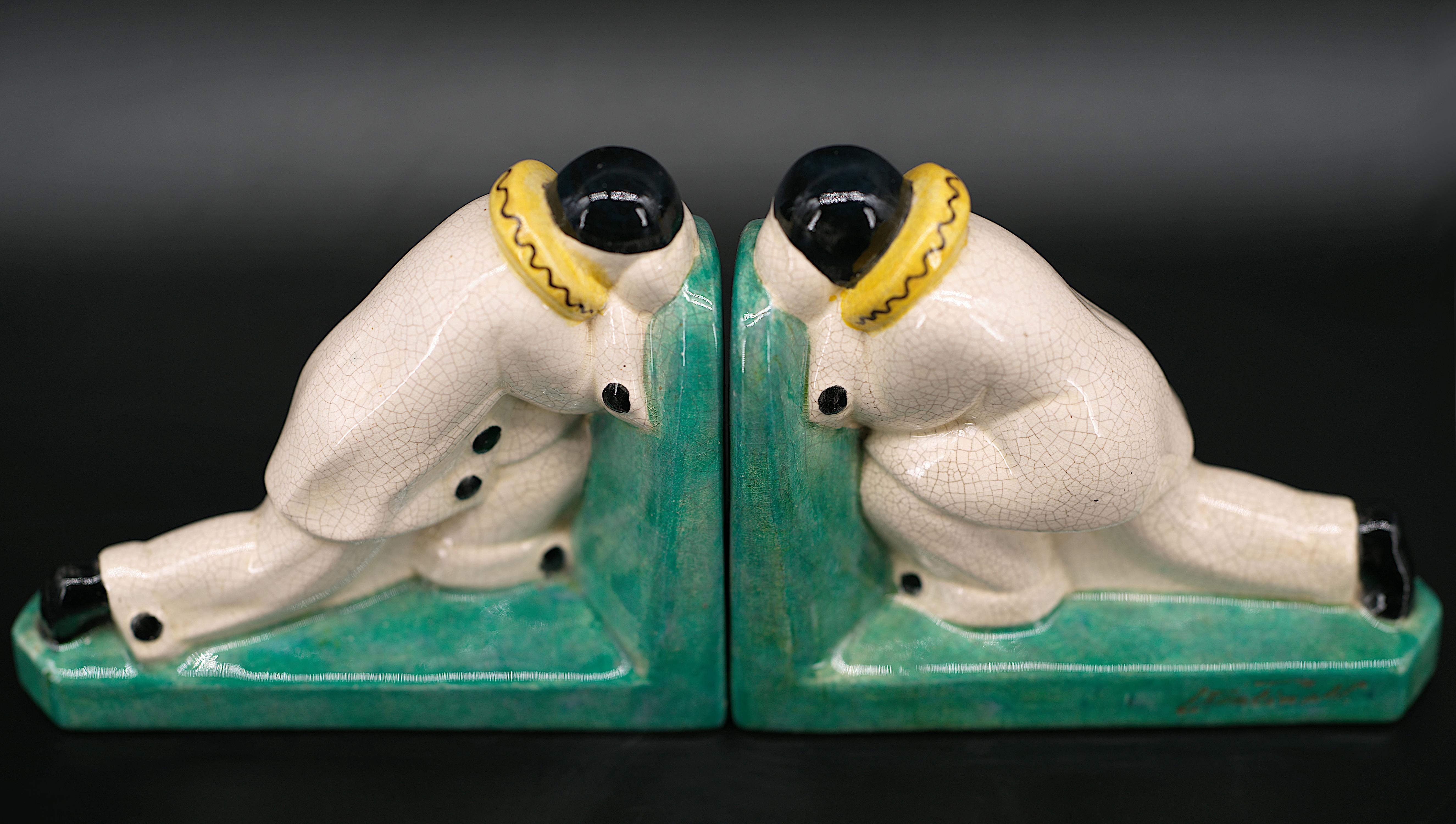 Francese Louis Fontinelle, reggilibri in ceramica Art Deco con smalto craquelé, 1920 in vendita