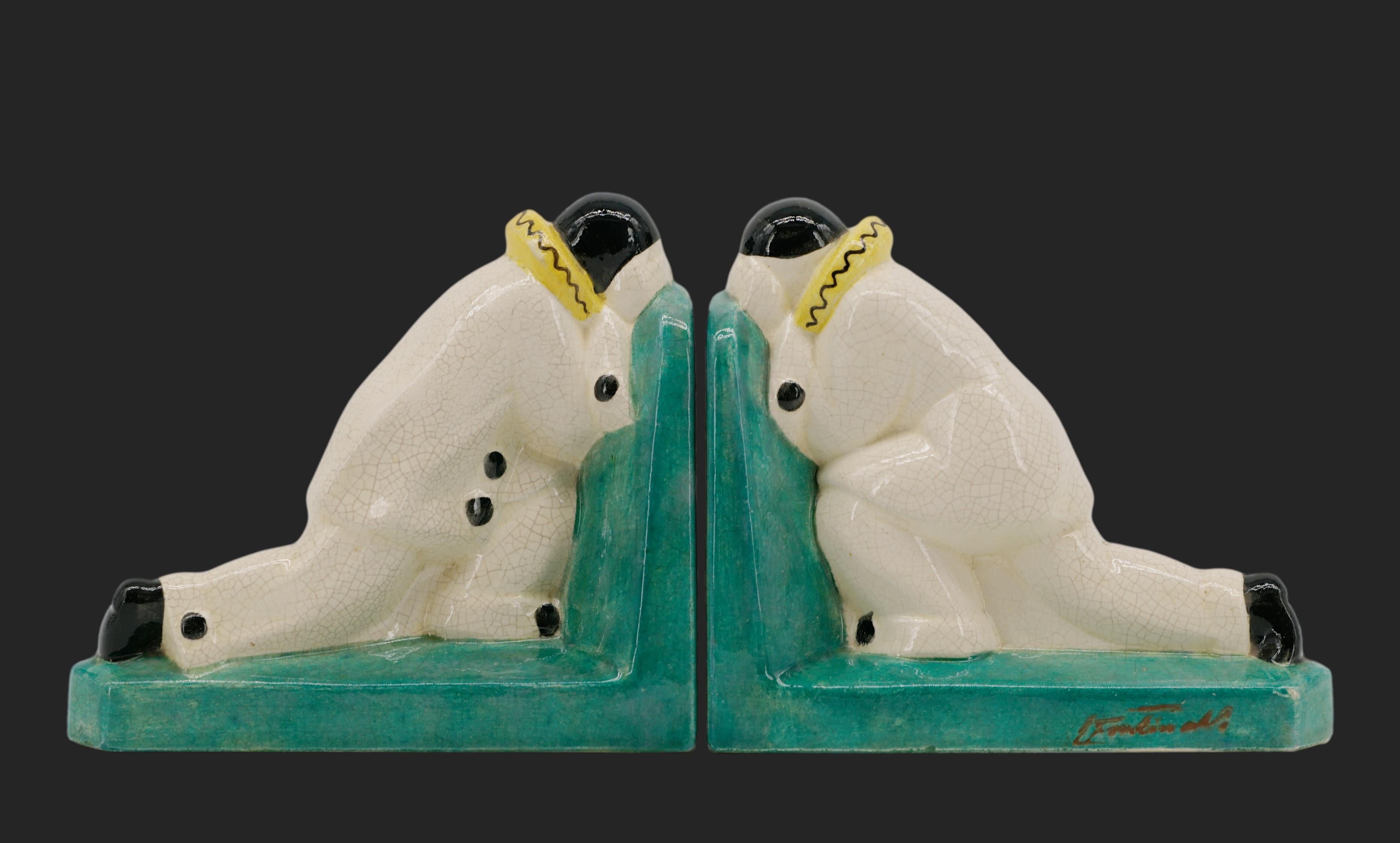 Louis Fontinelle Französische Art Deco Crackle Glaze Keramische Pierrot Buchstützen, 1920 im Angebot 4