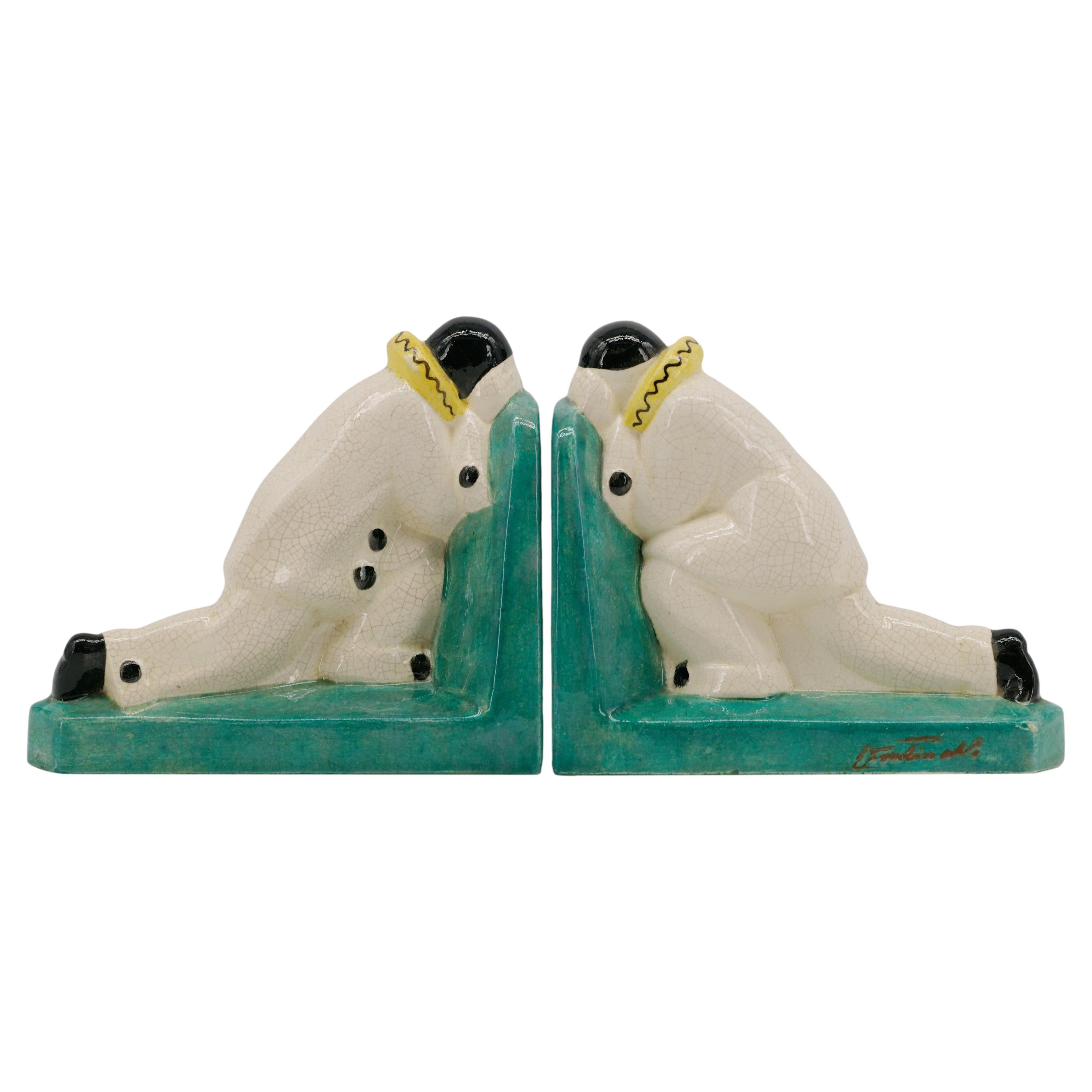 Louis Fontinelle Französische Art Deco Crackle Glaze Keramische Pierrot Buchstützen, 1920 im Angebot