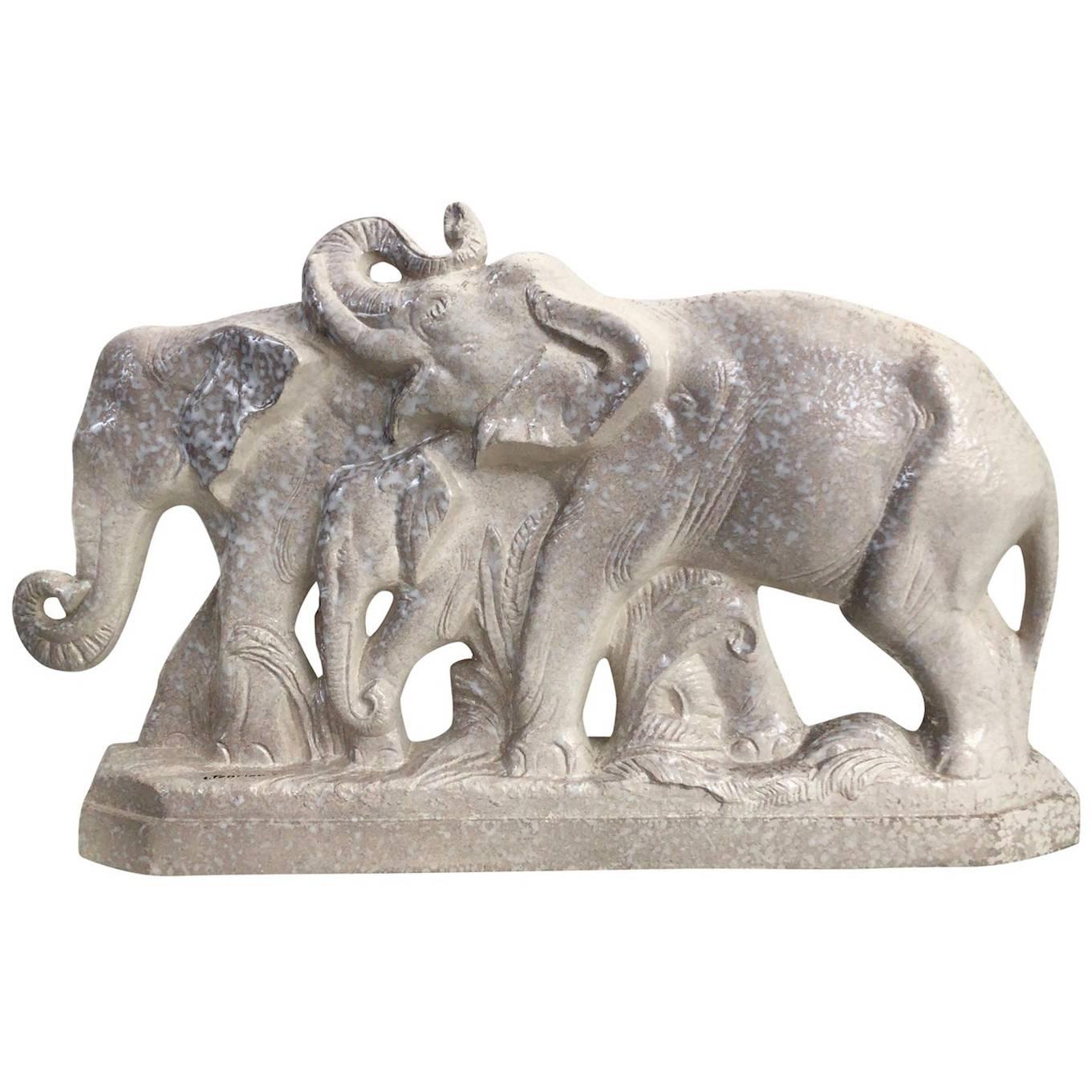 Louis Fontinelle, Cream Glazed Ceramic Elephants, France, 1930s For Sale