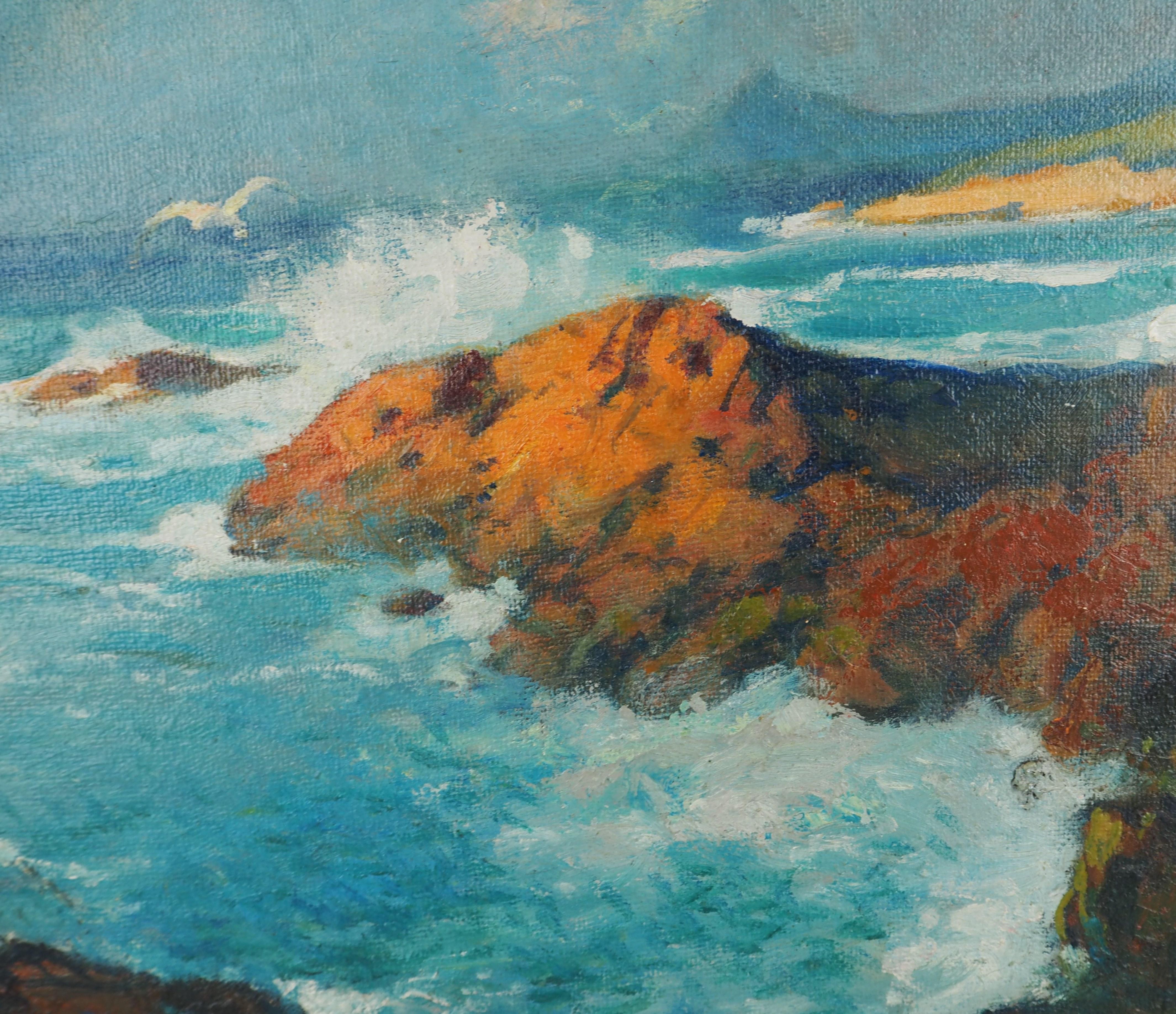 Costa Azul : el Mar Mediterráneo cerca de Agay - Pintura al Óleo Original, FIRMADA - Landscape Painting Gris de Louis Fortuney 