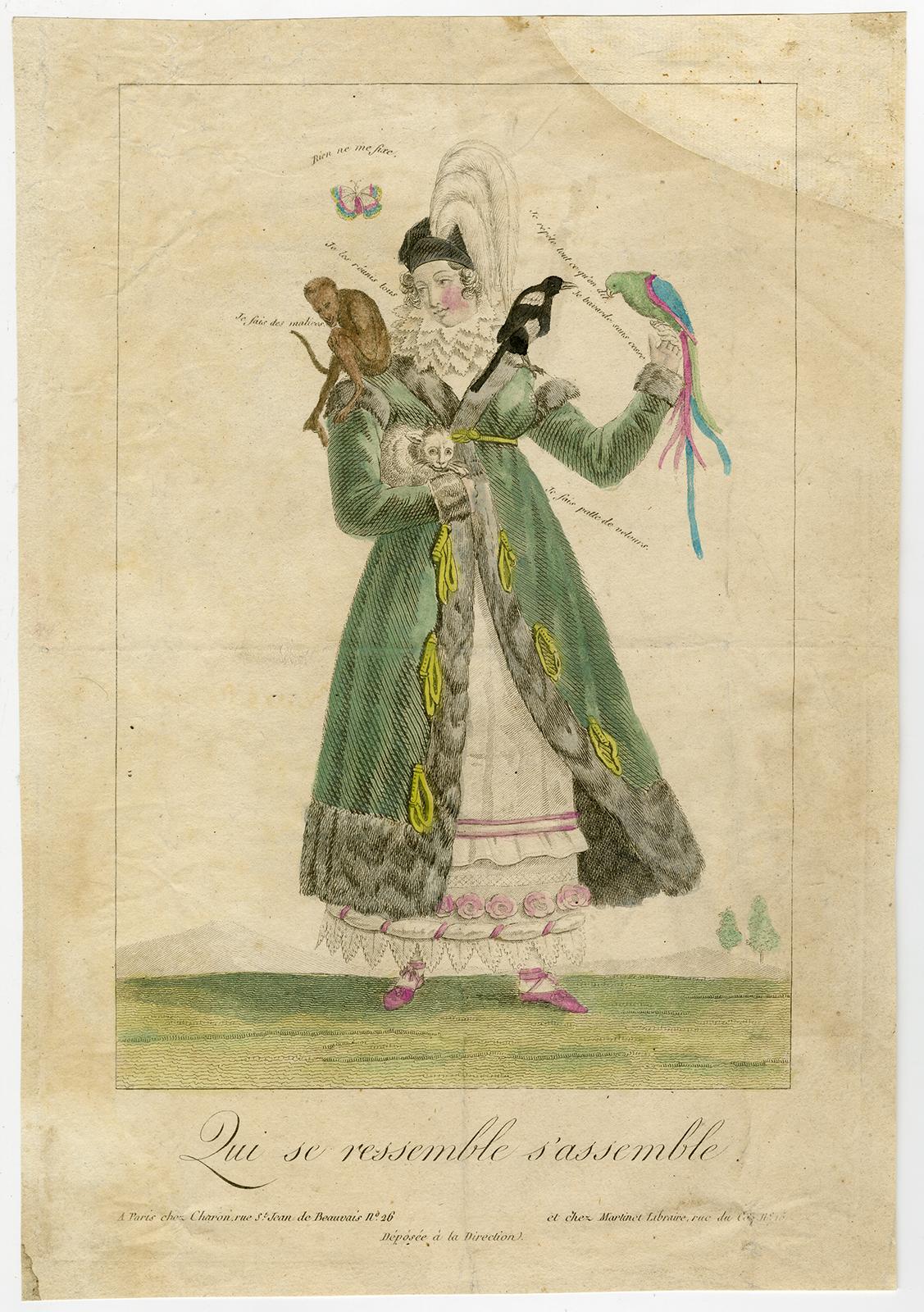 Louis Francois Charon Portrait Print - Traits in the woman - parrot by Louis-Francois Charon - Engraving - 19th Century