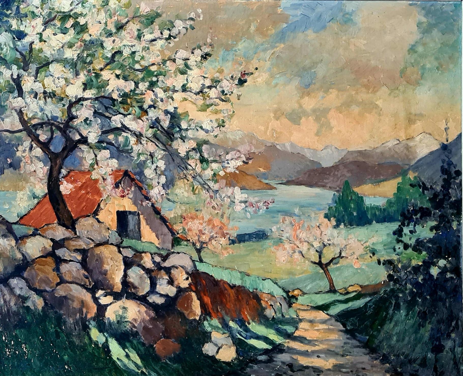 Paesaggio impressionista francese, Pommiers en Fleurs Aux Espagnoux, Fiori di melo - Painting di Louis Francois Lachat