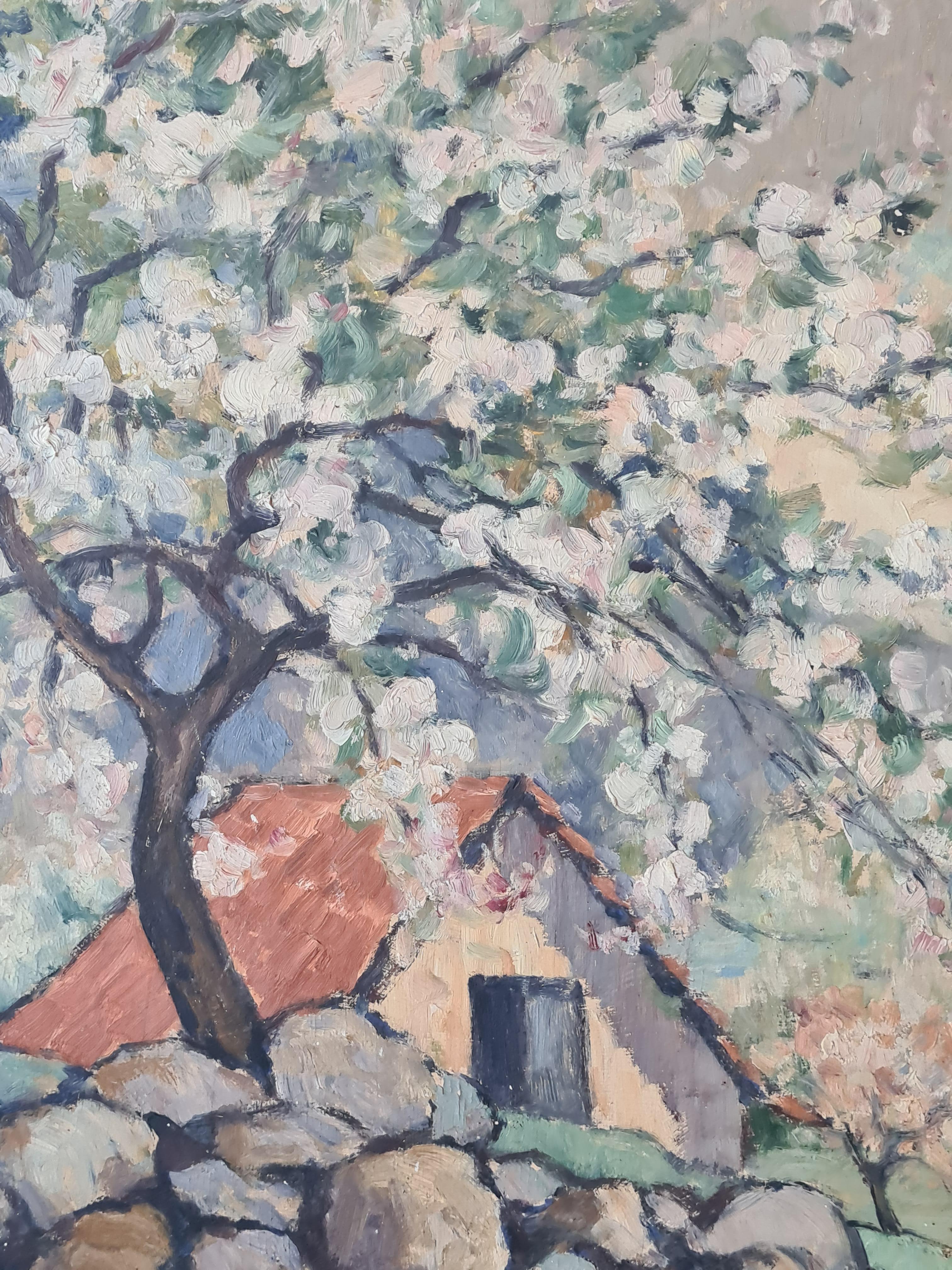 Paesaggio impressionista francese, Pommiers en Fleurs Aux Espagnoux, Fiori di melo - Painting Impressionismo di Louis Francois Lachat