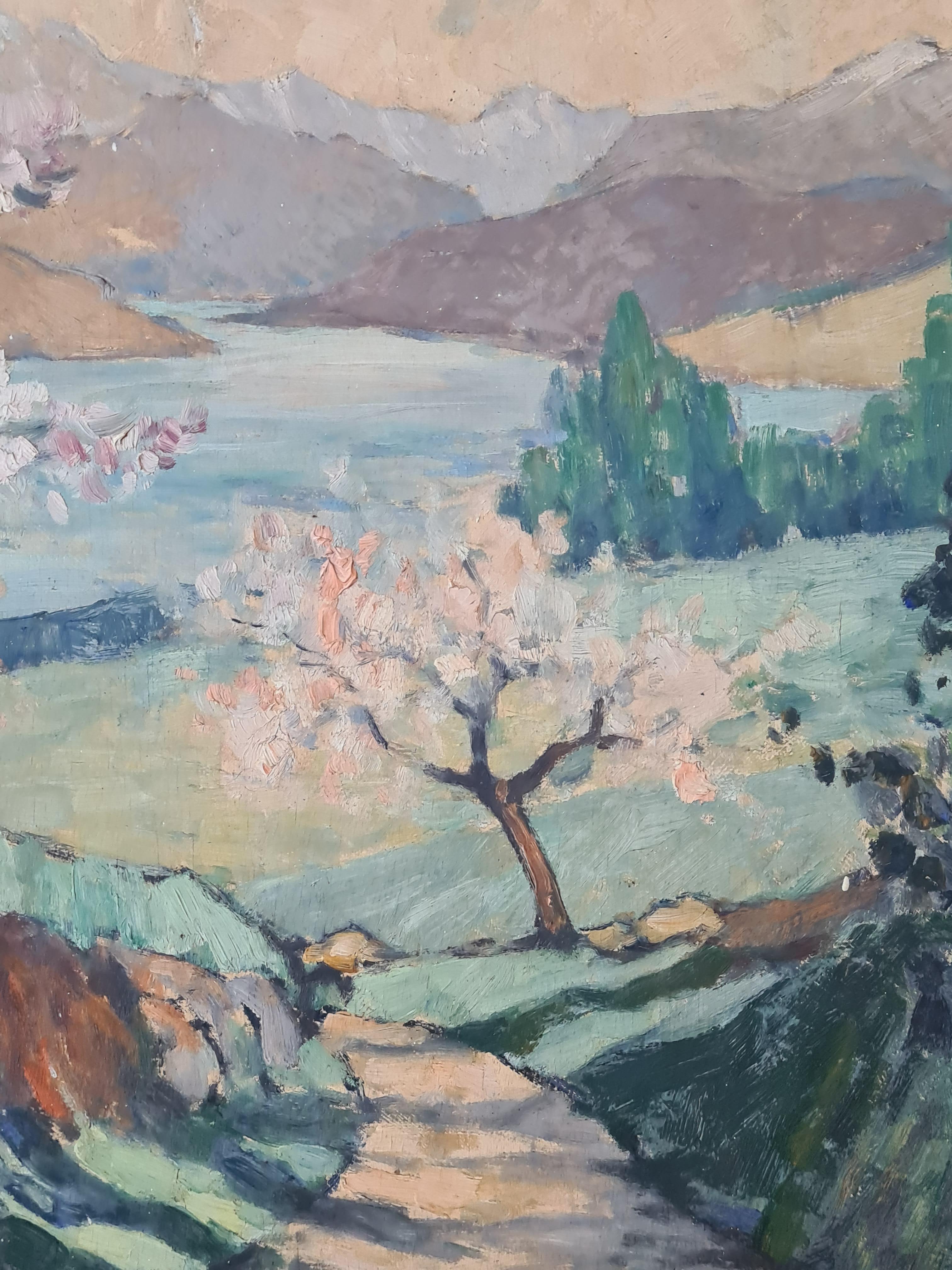 Paesaggio impressionista francese, Pommiers en Fleurs Aux Espagnoux, Fiori di melo - Landscape Painting Grigio di Louis Francois Lachat