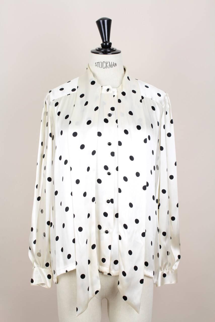 Louis Féraud Cream & Black Polka Dot Silk Bow Tie Vintage Blouse, 1980s 4