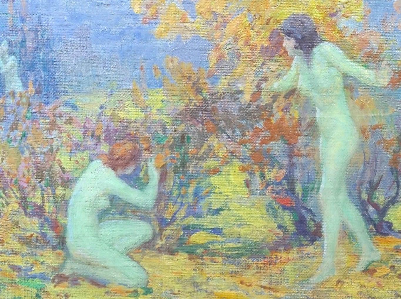 Amerikanischer Impressionist Nackte Frau spielt Verstecken (Impressionismus), Painting, von Louis Frederick Berneker