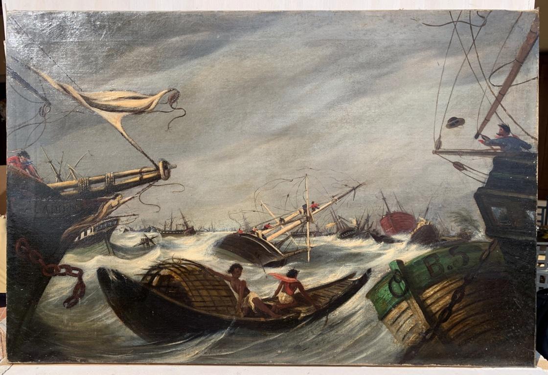 Romantische französische Malerin - Landschaftsmalerei des 19. Jahrhunderts - Sturm Meeresmalerei – Painting von Unknown