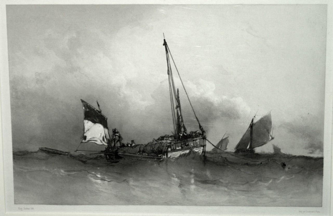 Louis Gabriel Eugene Isabey Landscape Print - BARQUE SE HALANT SUR UNE BOUEE