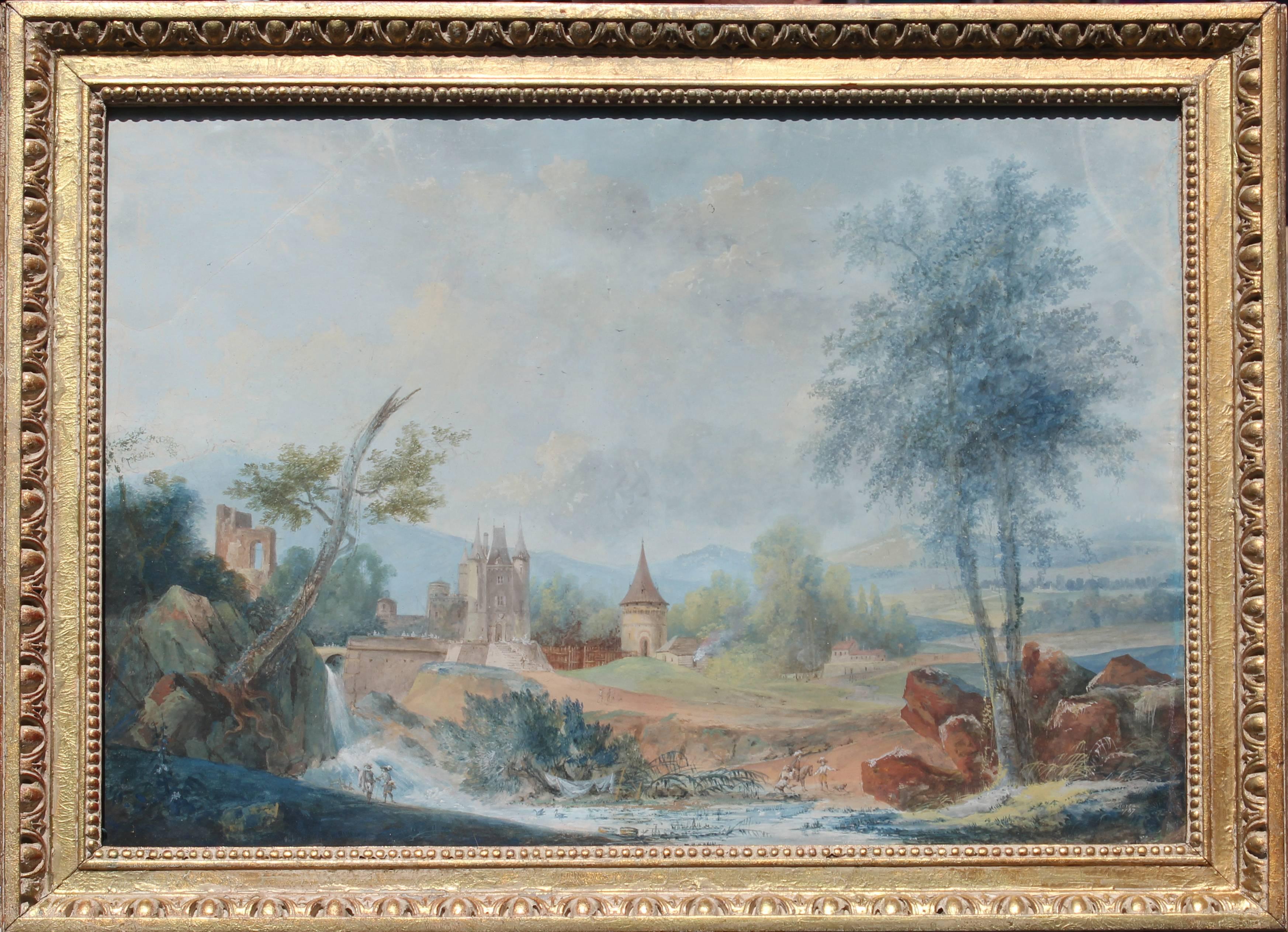 Louis Gabriel Moreau Landscape Painting - "Paysage avec Chateau et Cours d'Eau" Landscape with Castle and Stream