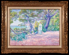 Antique Walk by the Coast - Neo-Impressionist Oil, Figure in Landscape by Louis Gaidan