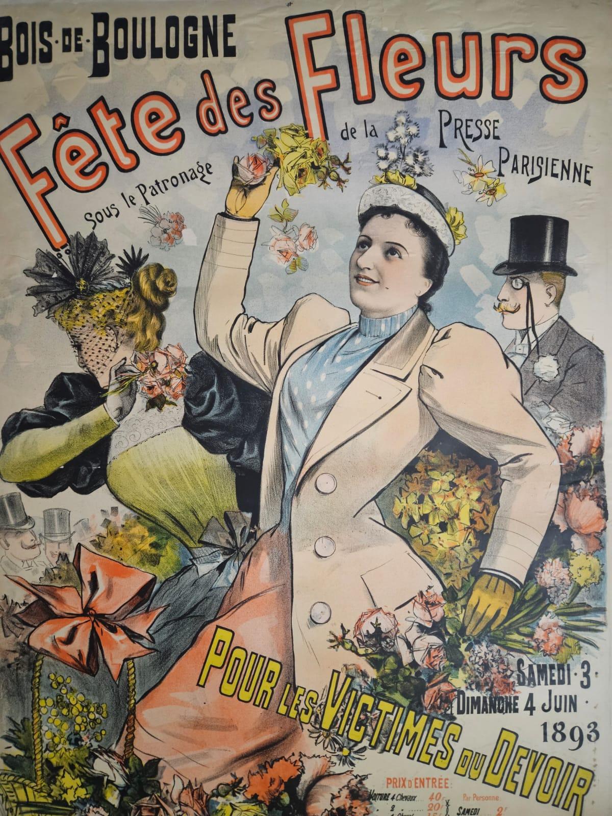 1893 Cartel original de Louis Galice para la fiesta de las flores del Bois de Boulogne en venta 5