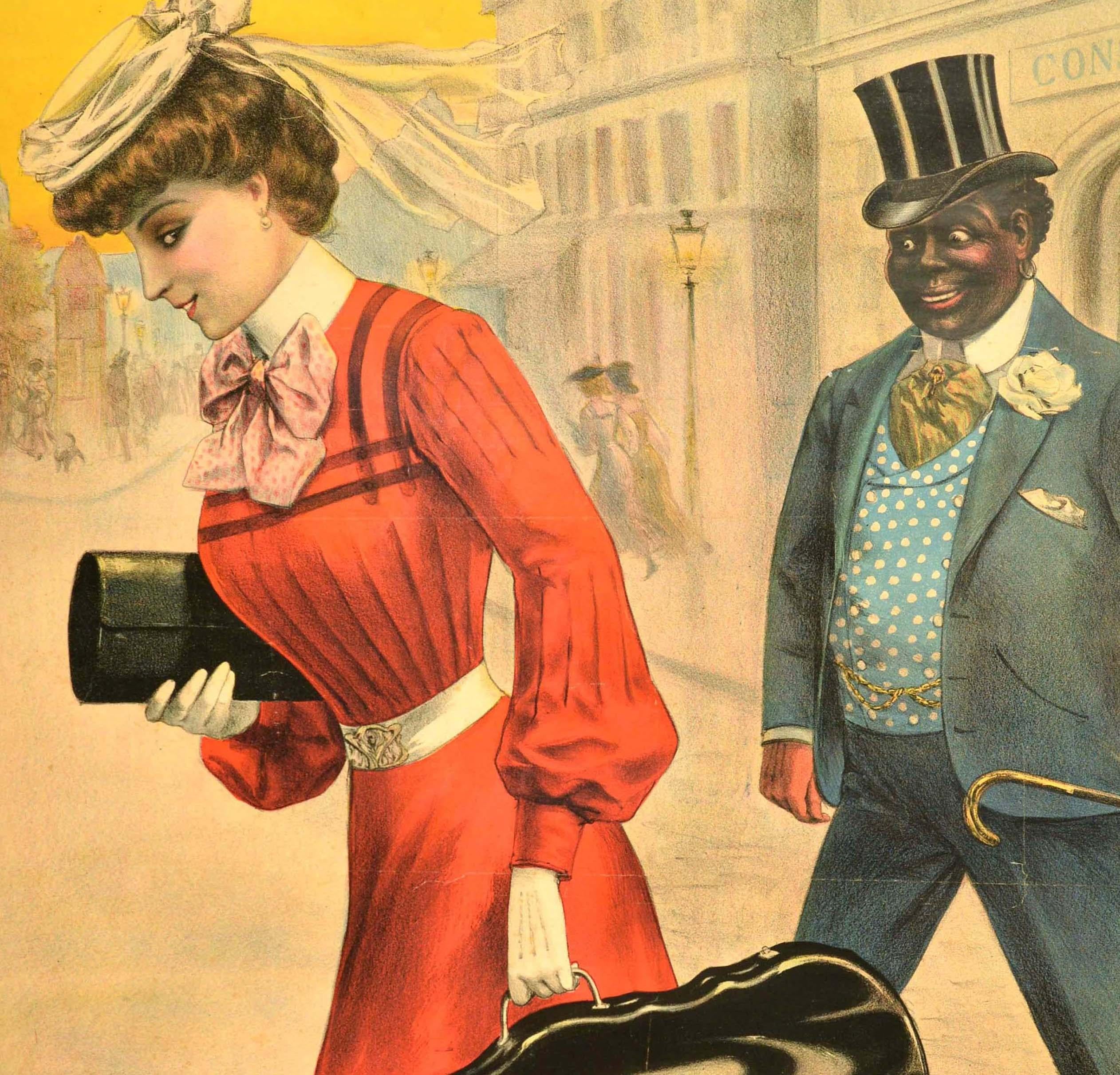 Original antique advertising poster for a play - The Frisco - featuring artwork by the French artist Louis Galice (1864-1935) of a lady in a fashionable red dress and white hat carrying a violin case in her gloved hand, a gentleman in a smart suit