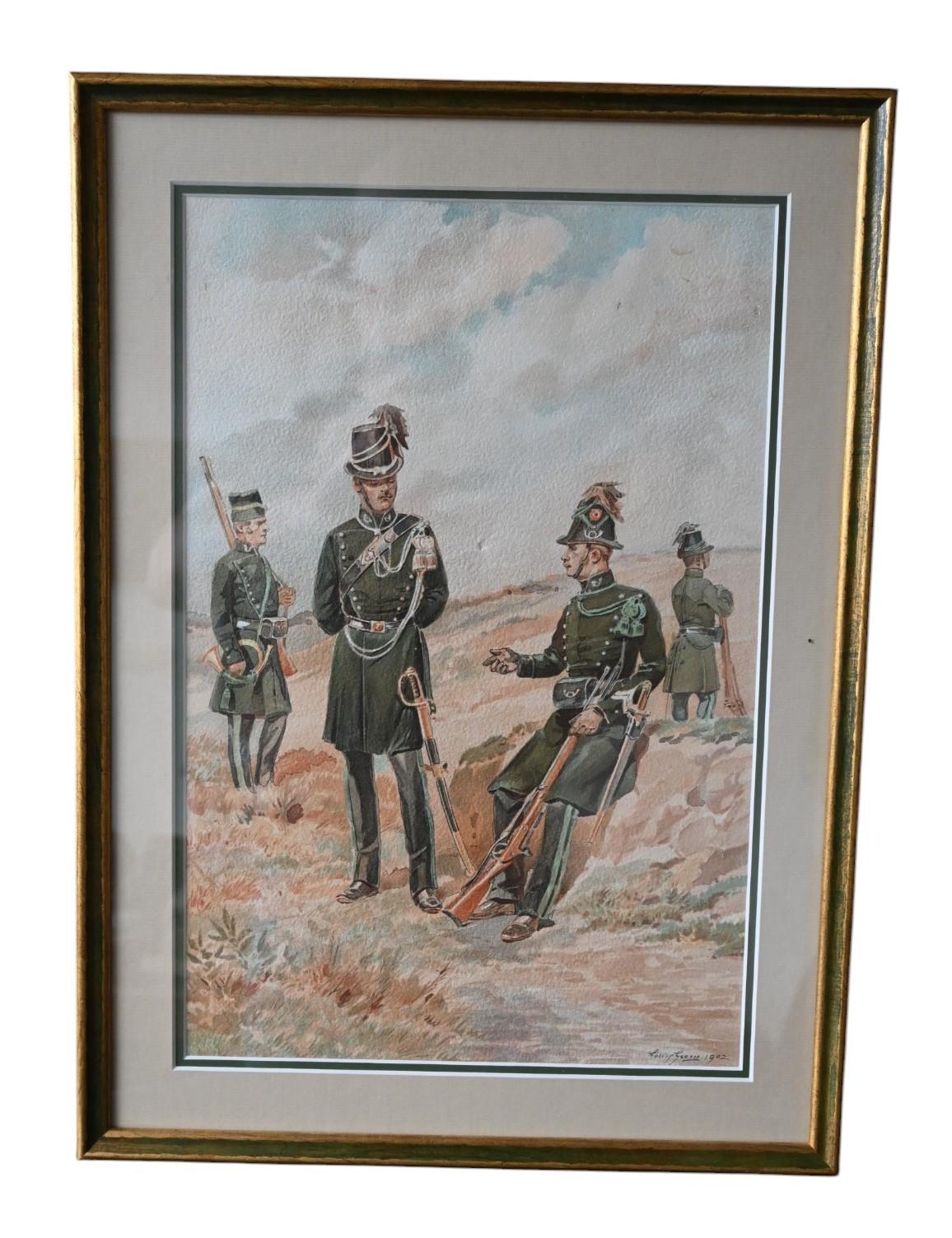 Belle Époque Louis Geens (1835–1906) Pair Of Watercolors, Military Scene For Sale