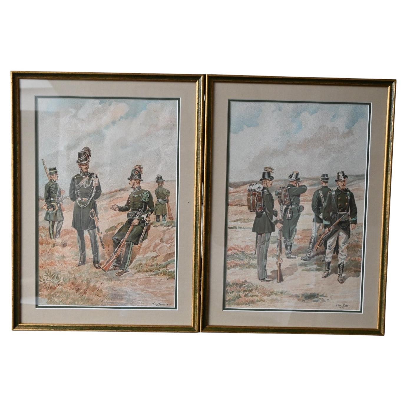 Louis Geens (1835–1906) Pair Of Watercolors, Military Scene For Sale