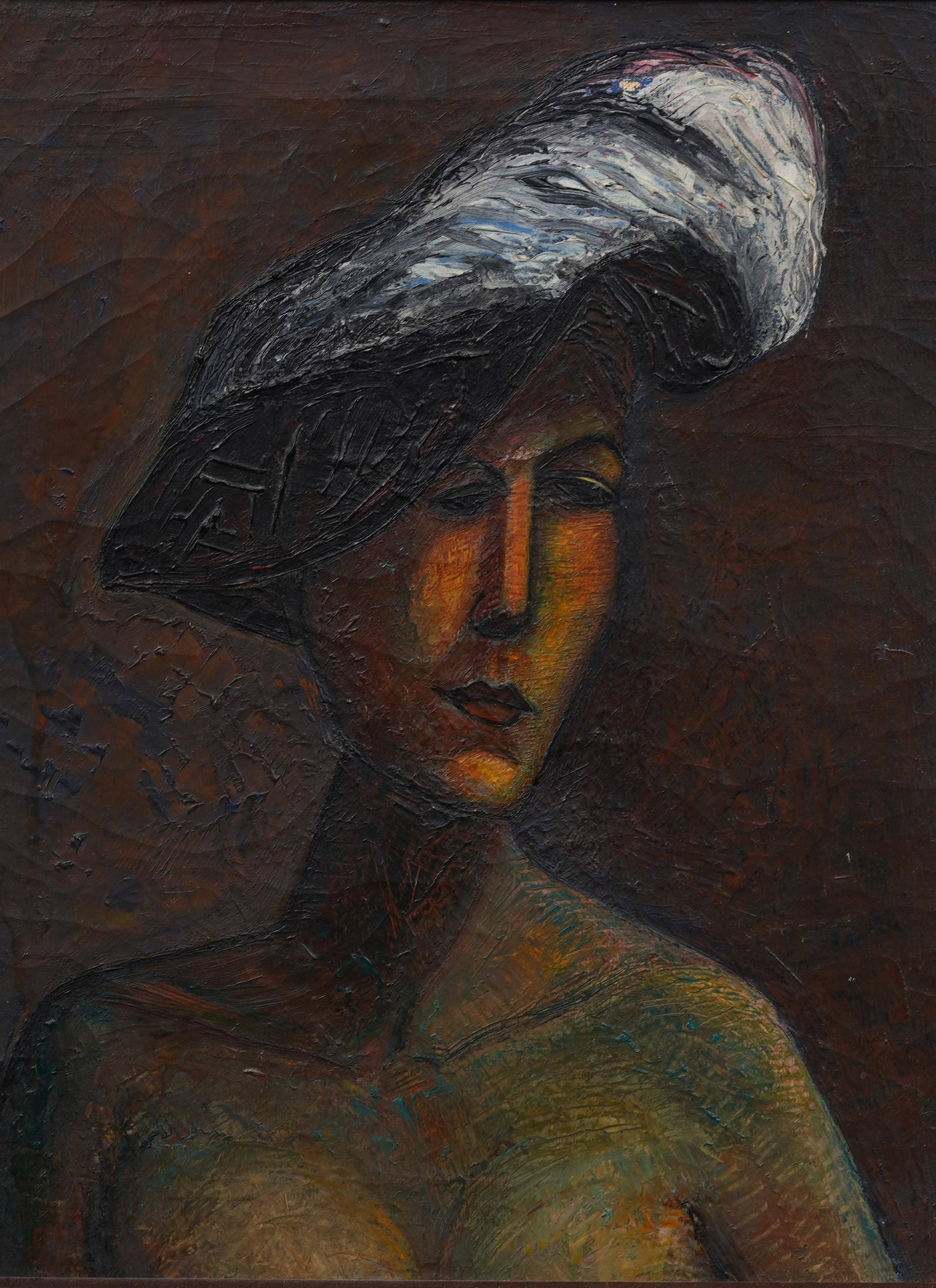 Antico dipinto ad olio americano modernista con cornice, scena d'interni di donna ritratto - Portrait Painting Nero di Louis George Bouche