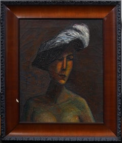 Antique American Modernist Interior Scene Woman Portrait Framed Oil Painting