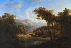Peinture ancienne à l'huile sur toile : Un étang avec des montagnes par Louis George
