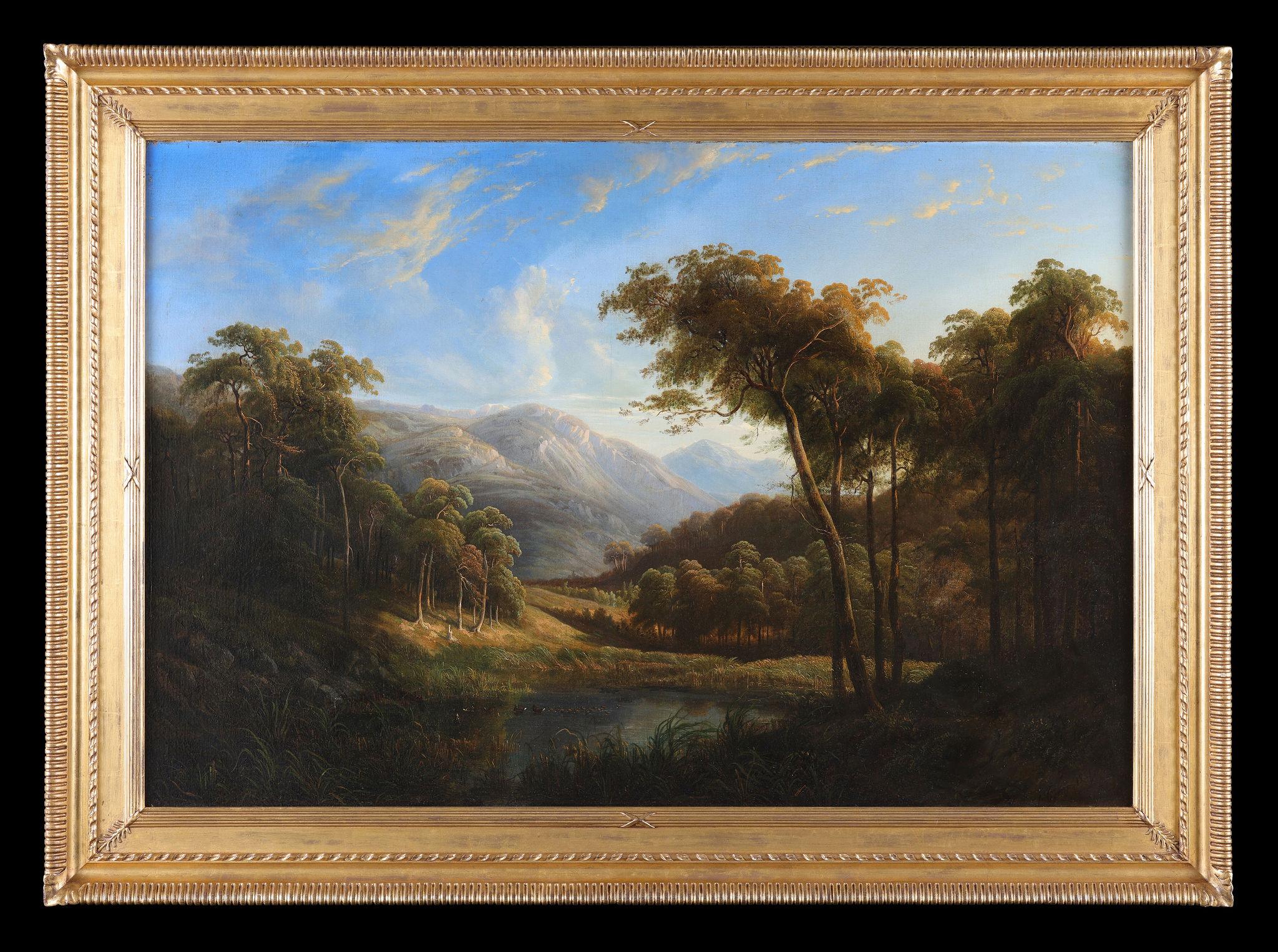 A Pond in a Clearing with Mountains, Framed Antique Canvas Painting, signed